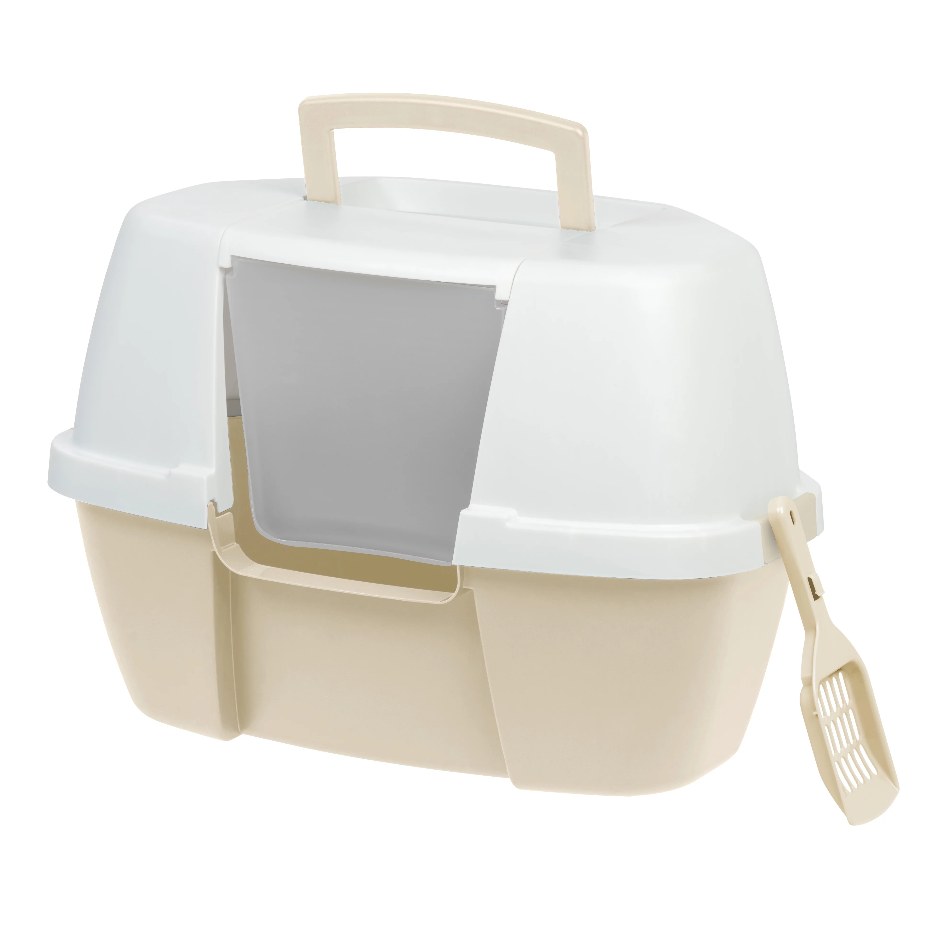 IRIS USA Large Corner Cat Litter Box with Flap-Entry Hood and Litter Scoop, Tan/White