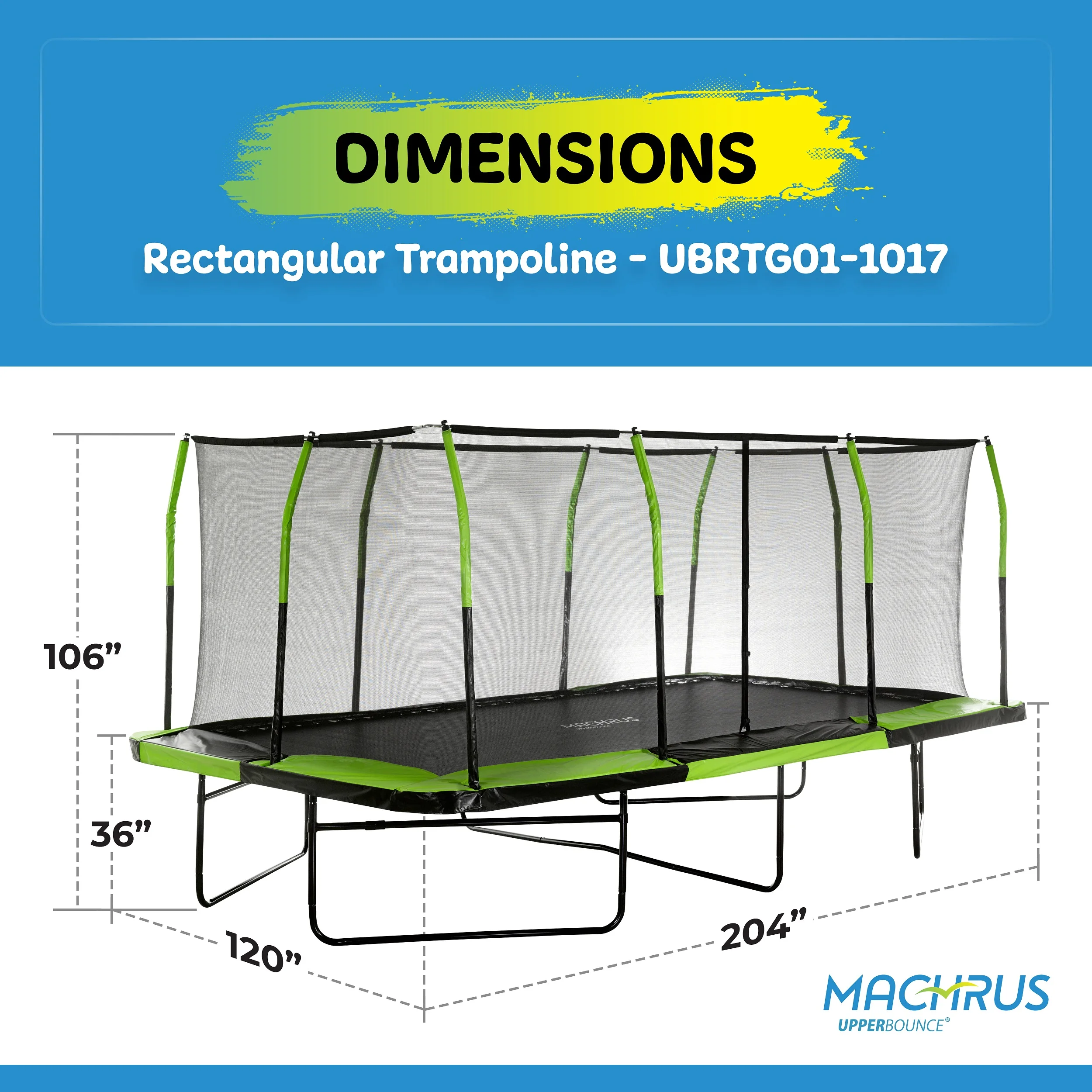 Machrus Upper Bounce – Mega 10′ X 17′ Gymnastics Style, Rectangular Trampoline Set with Premium Top-Ring Enclosure System – Green/Black