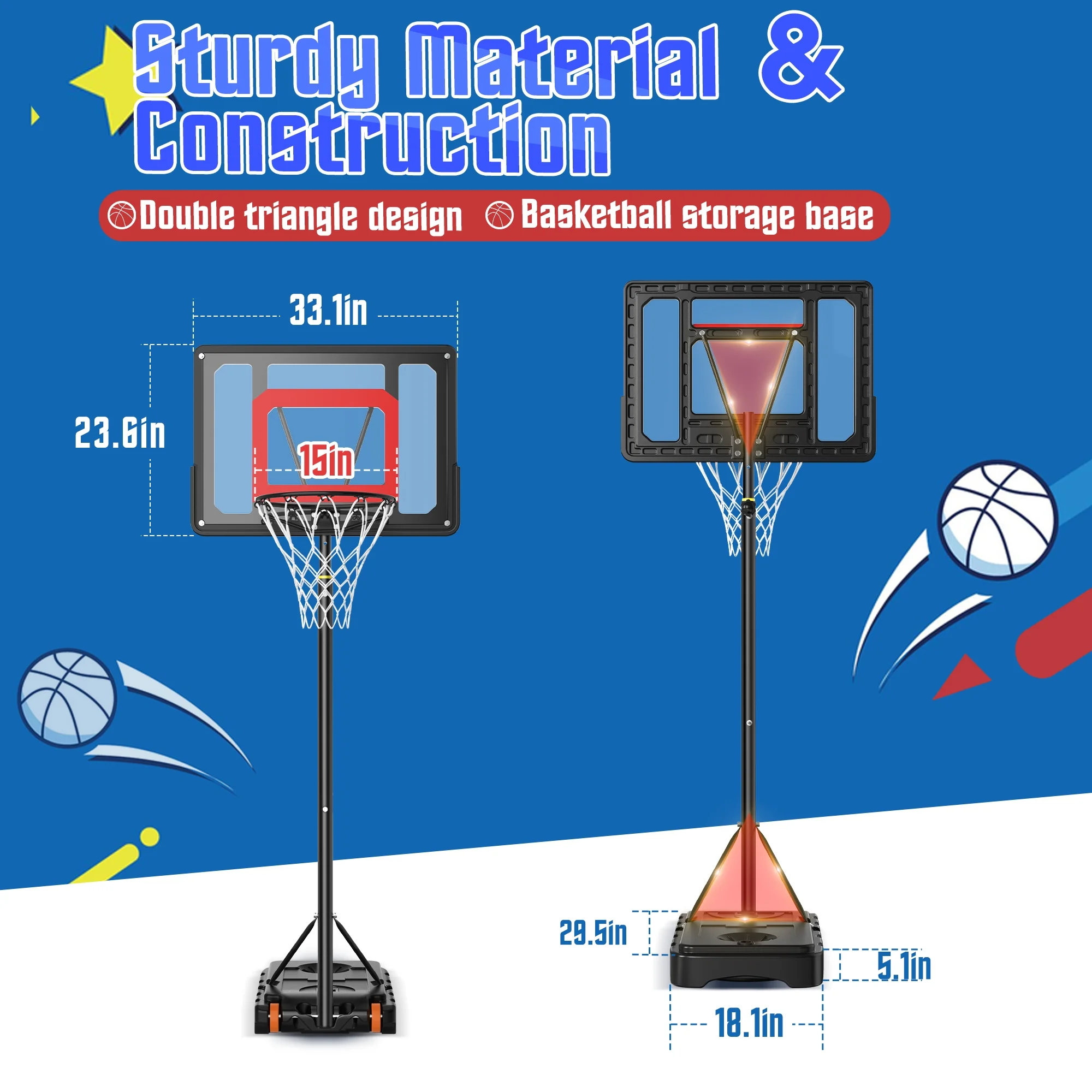 iFanze Basketball Hoop with 5ft-7ft Height Adjustable , Portable Basketball Goal System with 33″ Shatterproof Backboard Base and Wheels for Kids, Indoor Outdoor, Black