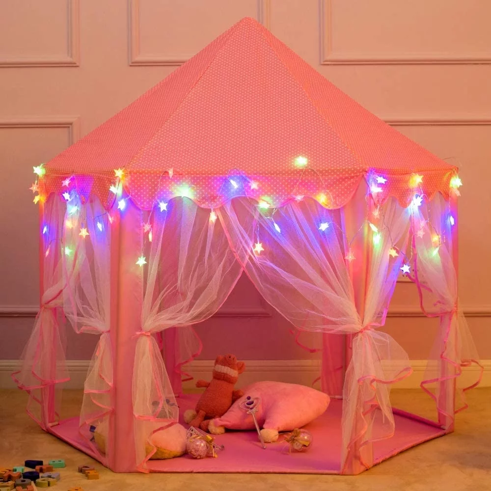 Princess Castle Tent for Girls with Star Lights, Play Tents for Kids Indoor Hexagon Playhouse with Large Space, Toys for Children Toddlers Outdoor Games