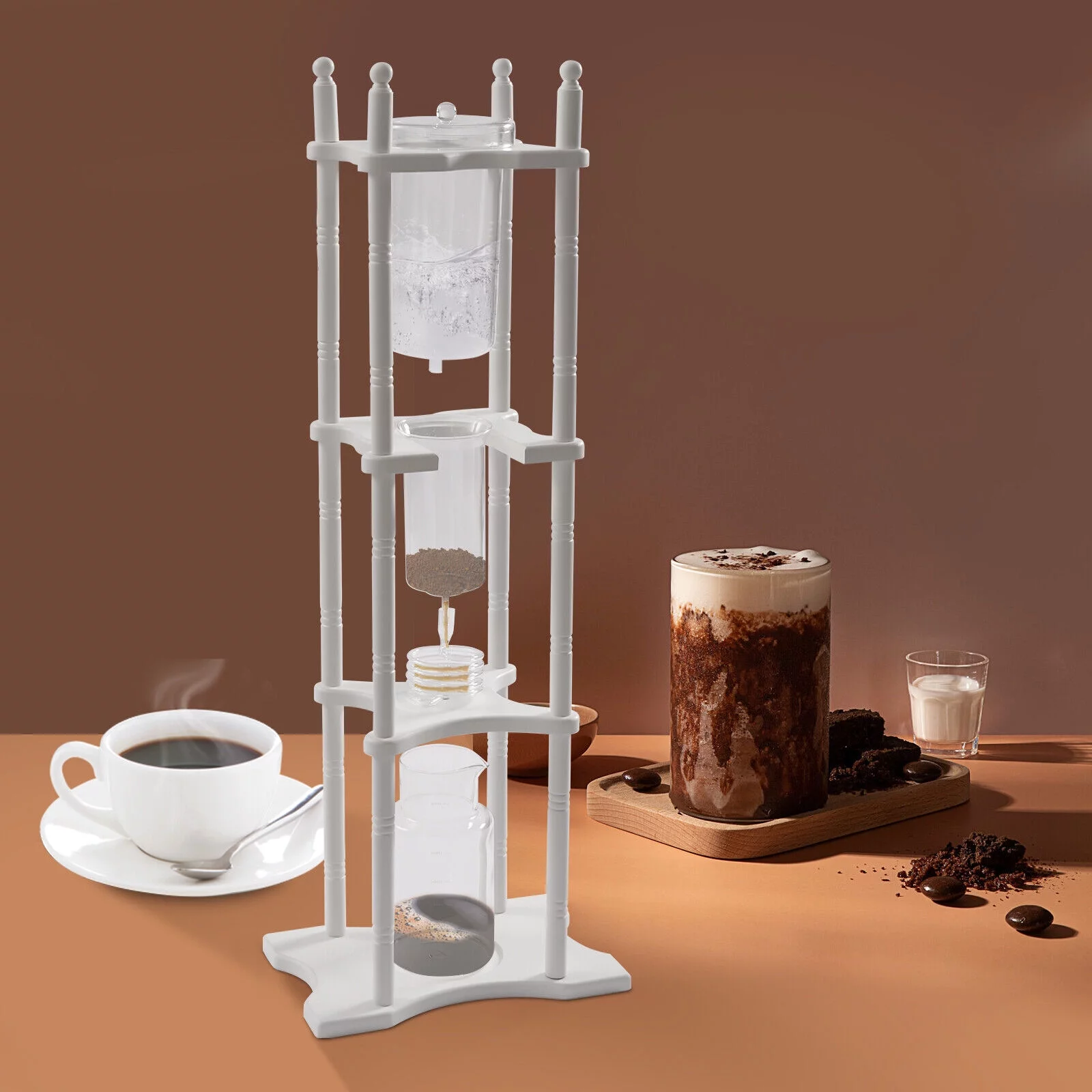 Miumaeov Cold Brew Coffee Machine Slow Drip Cold Coffee Tower Large Capacity 25 Cups (84.54 Oz) with Hand-Made Glass White Pine Frame for Home Coffee Shop