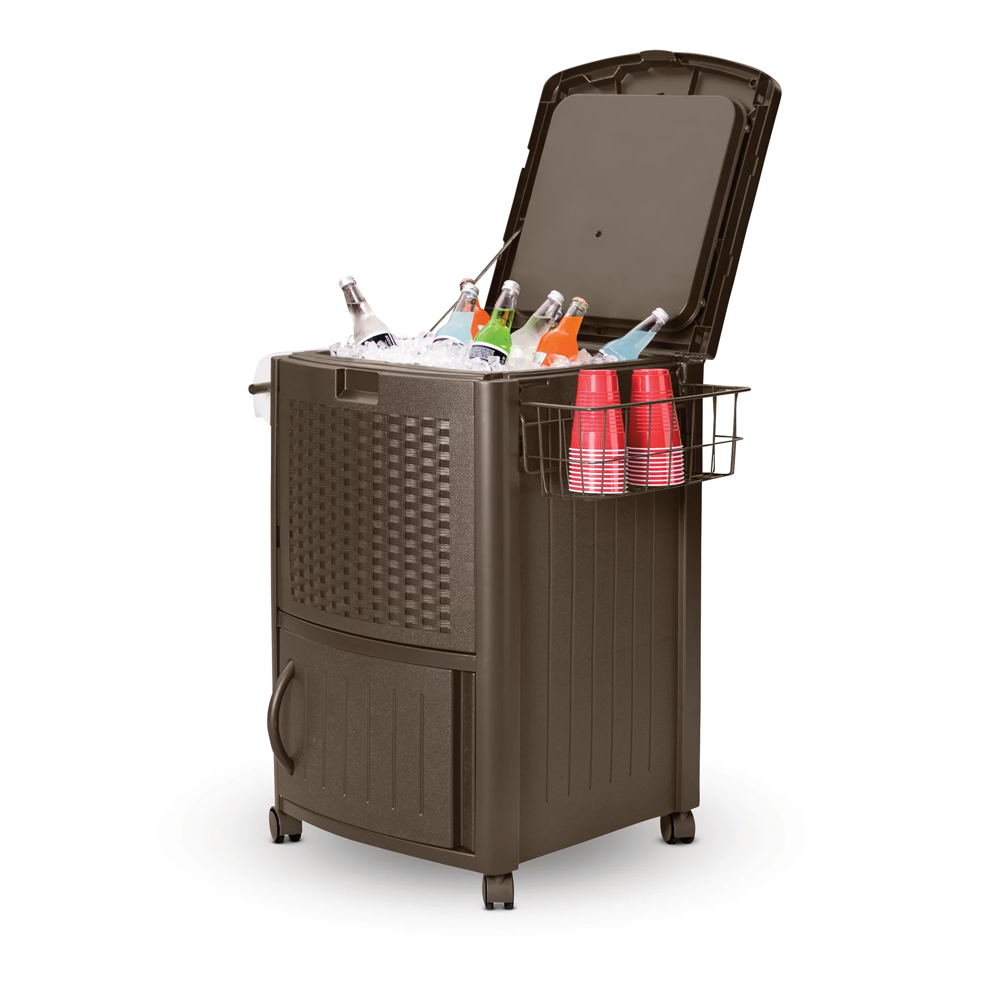 Suncast DCCW3000D 77 Quart Resin Wicker Patio Cooler with Cabinet & Wire Basket