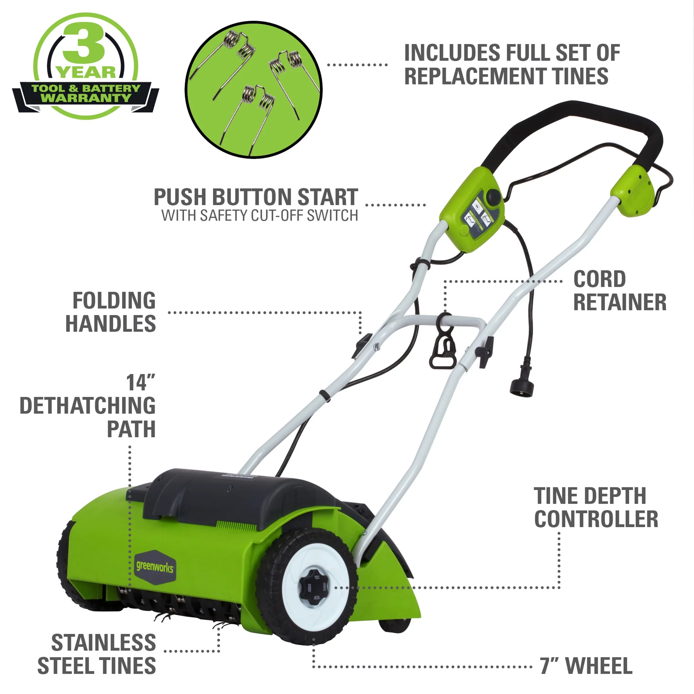 Greenworks 10 Amp 14″ Corded Electric Dethatcher 27022