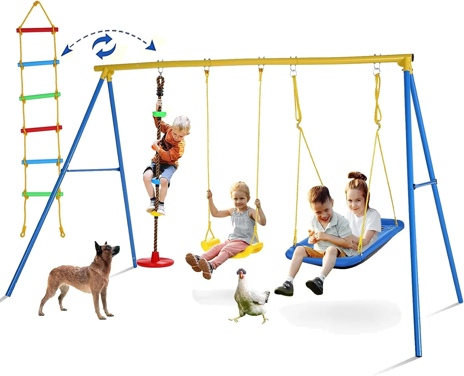 440lbs Swing Sets for Backyard, Qhomic 4 in 1 Heavy Duty Swing Sets for Kids with 2 Adjustable Swings Seats, Swing Climbing Ladder/Rope for or Backyard Playground & Park