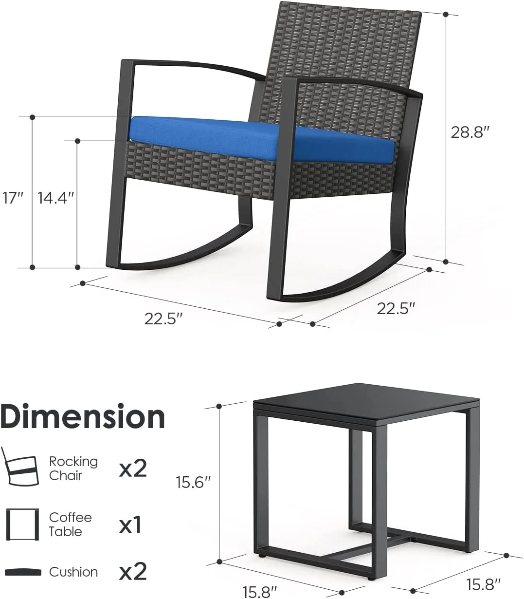 Lofka 3-Piece Patio Wicker Chairs Set with a Coffee Table, Balcony Furniture for Yard, Patio, Modern Garden and Bistro, Gray Cushion