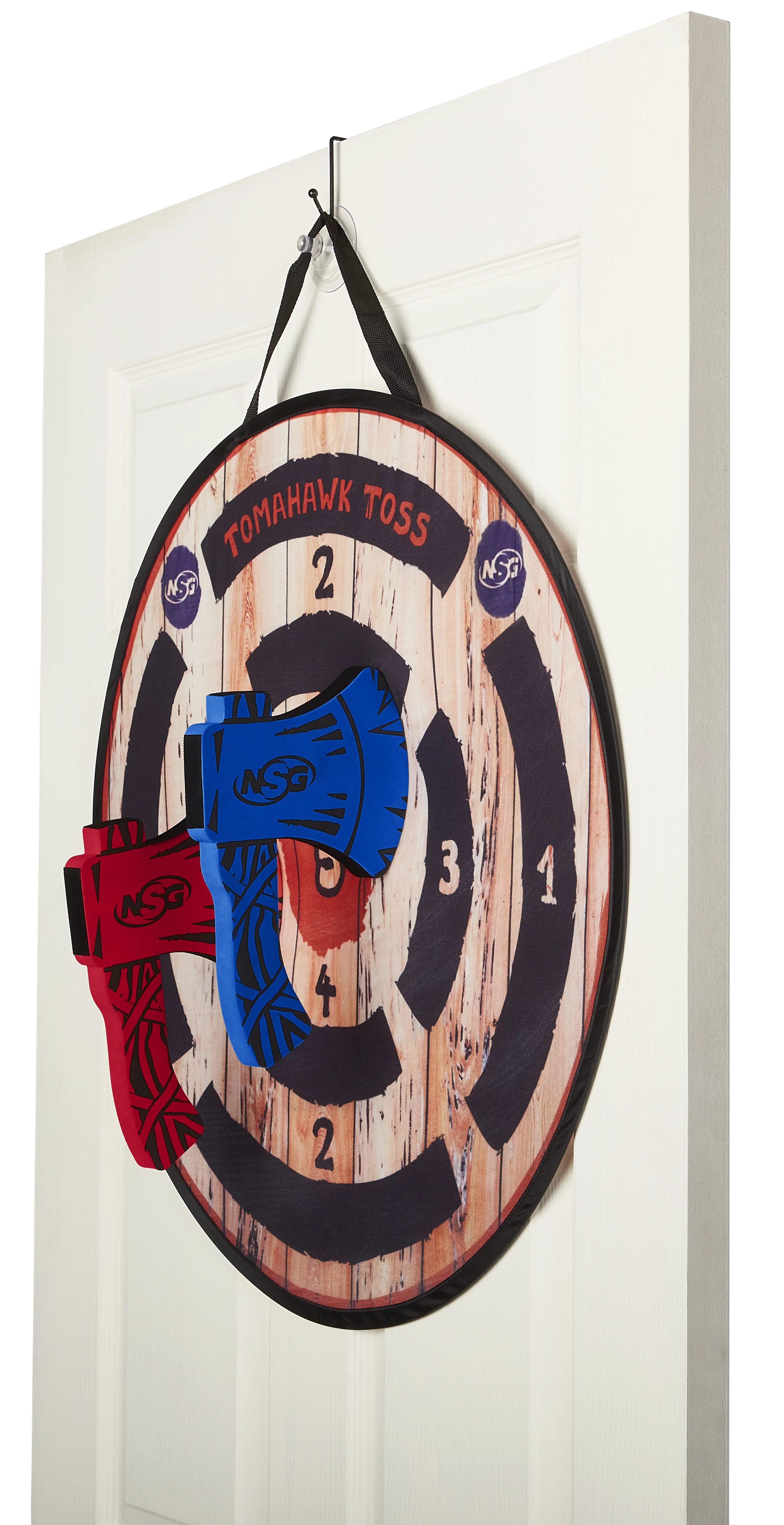 NSG Tomahawk Toss Axe Throwing Set for Kids – Two Lightweight Velcro Wrapped Foam Axes with Large Easy Stick Target – Ages 3+