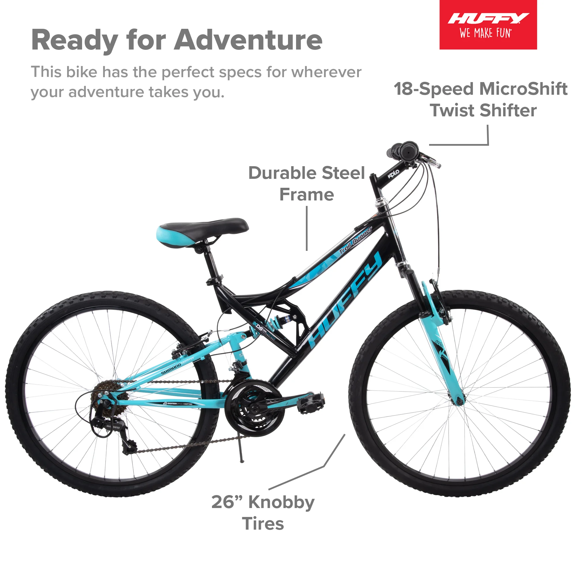 Huffy 26″ Trail Runner Women’s Full Suspension Mountain Bike, Ages 12+ Years,  Black