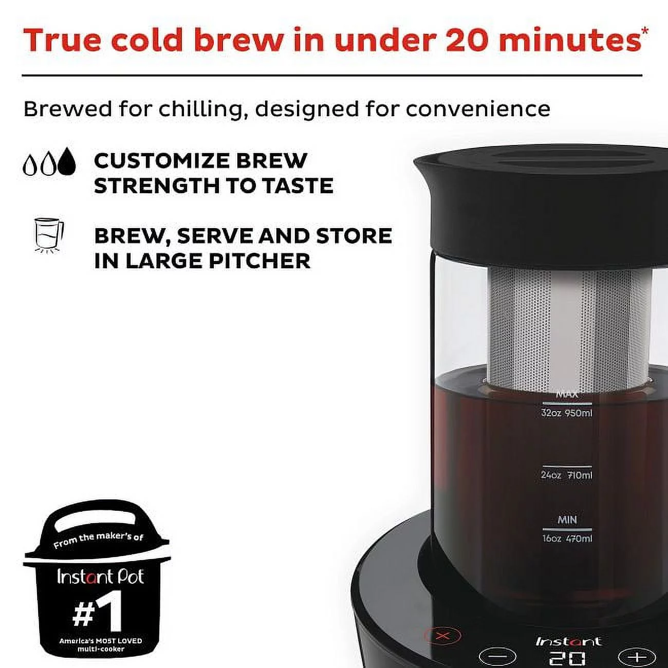 Instant Cold Brew Electric Iced Coffee Maker for Coffee and Tea, 32 oz Dishwasher Safe Glass Pitcher