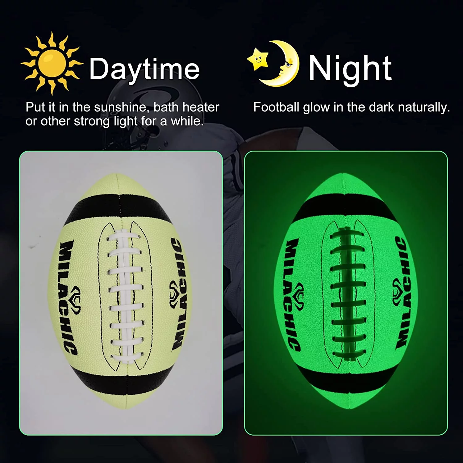 MILACHIC Football Glow in the Dark Football Size 9, Luminous Glowing Football Super Grip Composite Leather Football Balls with Pump and Ball Carry Bag