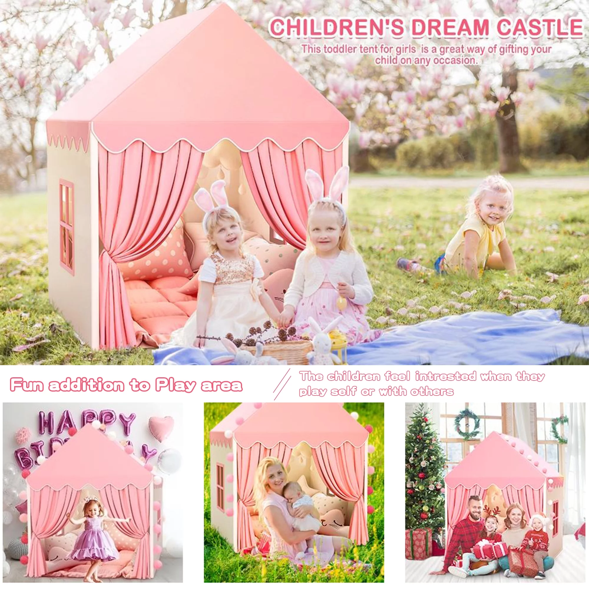 Wilwolfer Pink Kids Play Tent for Toddlers Girls Fairy Princess Toys Indoor Outdoor Canvas Playhouse