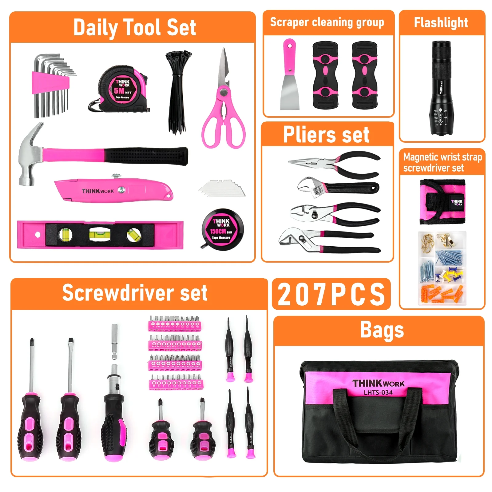 Pink Tool Set – 207 Piece Lady’s Portable Home Repairing Tool Kit made from THINKWORK TW6075