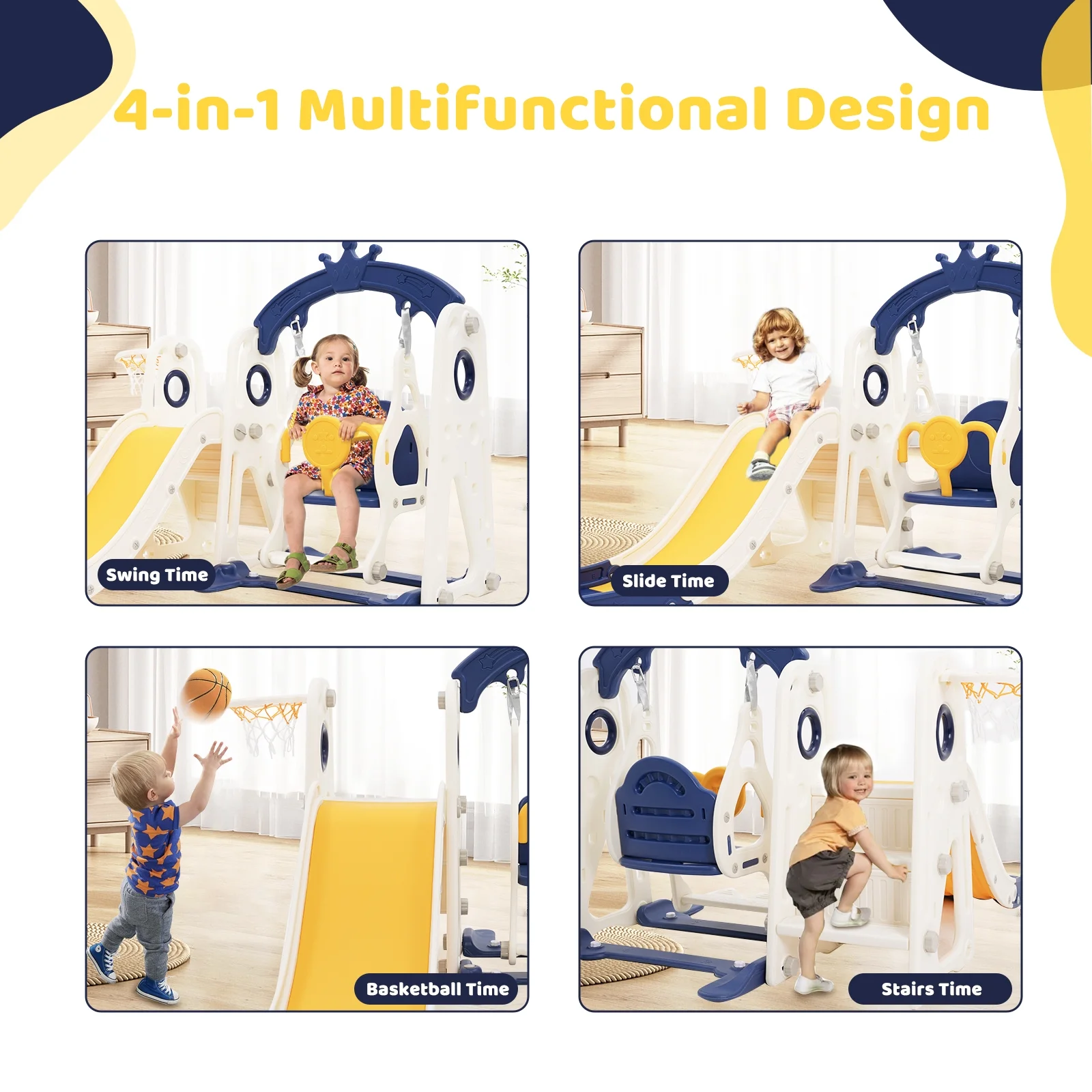 Toddler Slide and Swing Set 4 in 1 Baby Slide Climber Playset with Swing Slide Basketball Kids Slide and Swing Set Indoor Outdoor Backyard Toys for Toddlers Boy Girl