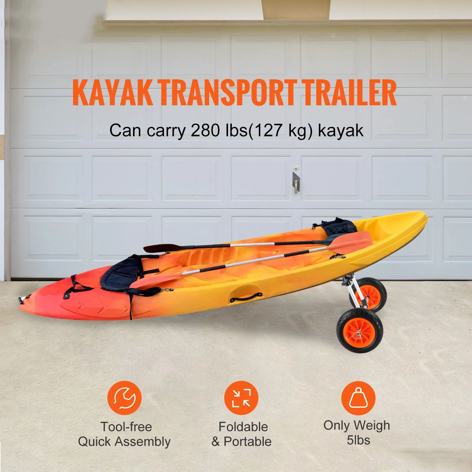 BENTISM Adjustable Kayak Cart Canoe Boat Carrier 280lbs Load with 10” Solid Tires for Kayaks with Drain Holes of 1”