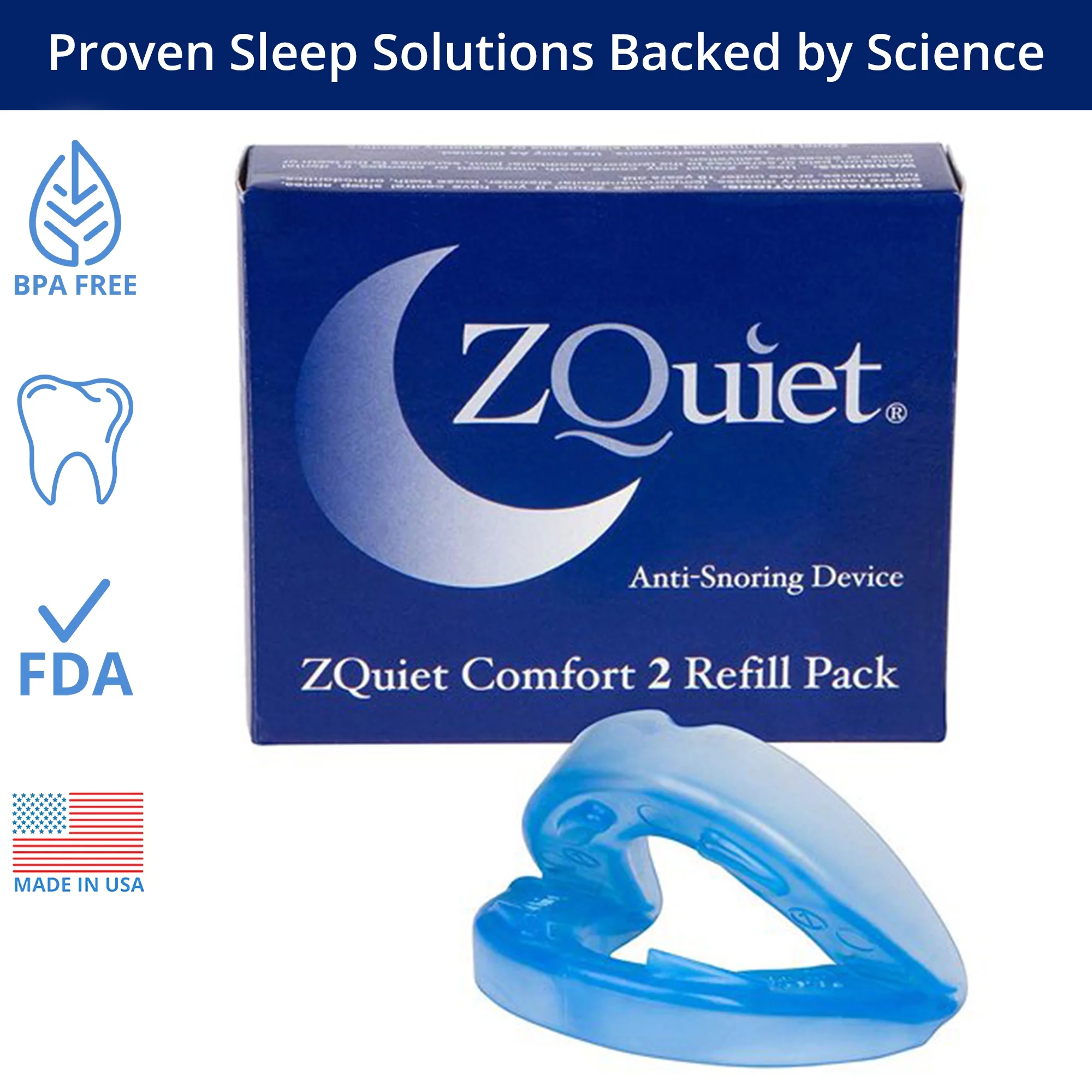 ZQuiet Anti-Snoring Mouthpiece Solution – Comfort Size #2 (Single Device) – Made in USA Snoring Solution for a Better Night’s Sleep (Clear)