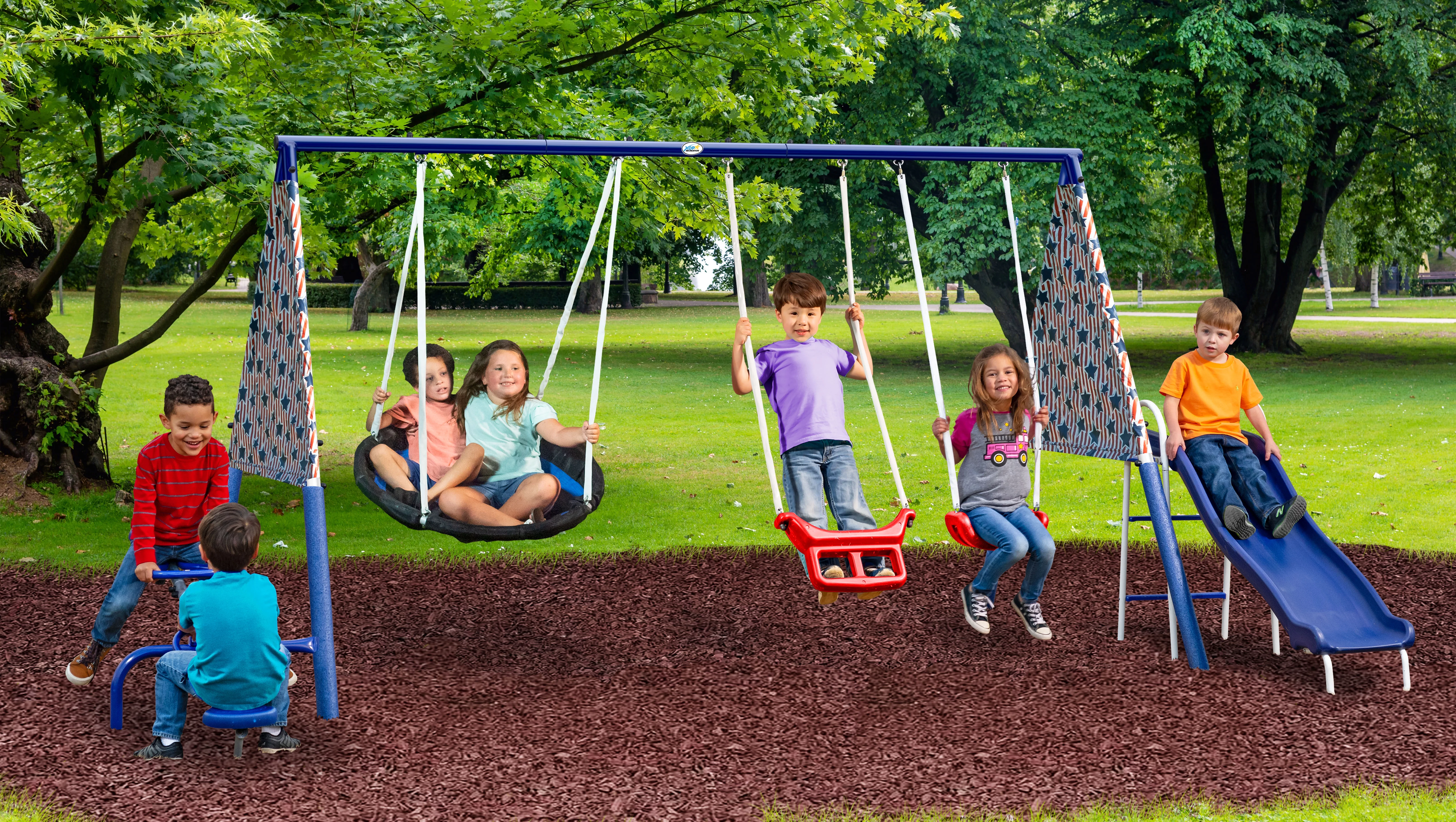 XDP Recreation Freedom Fun Metal Swing Set with Super Disc Saucer Swing, Swing, See-Saw, Slide