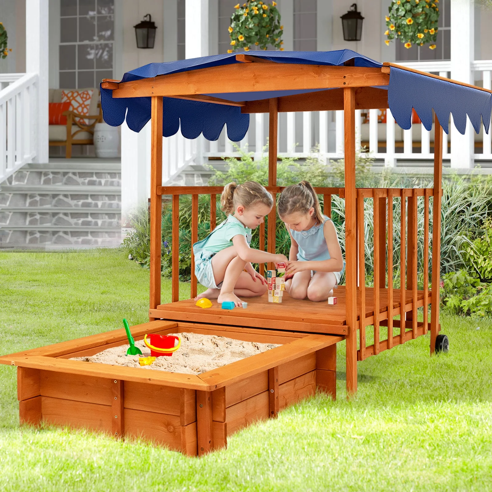 Infans Wooden Retractable Sandbox with Cover & Built-in Wheels Kids Outdoor Playhouse