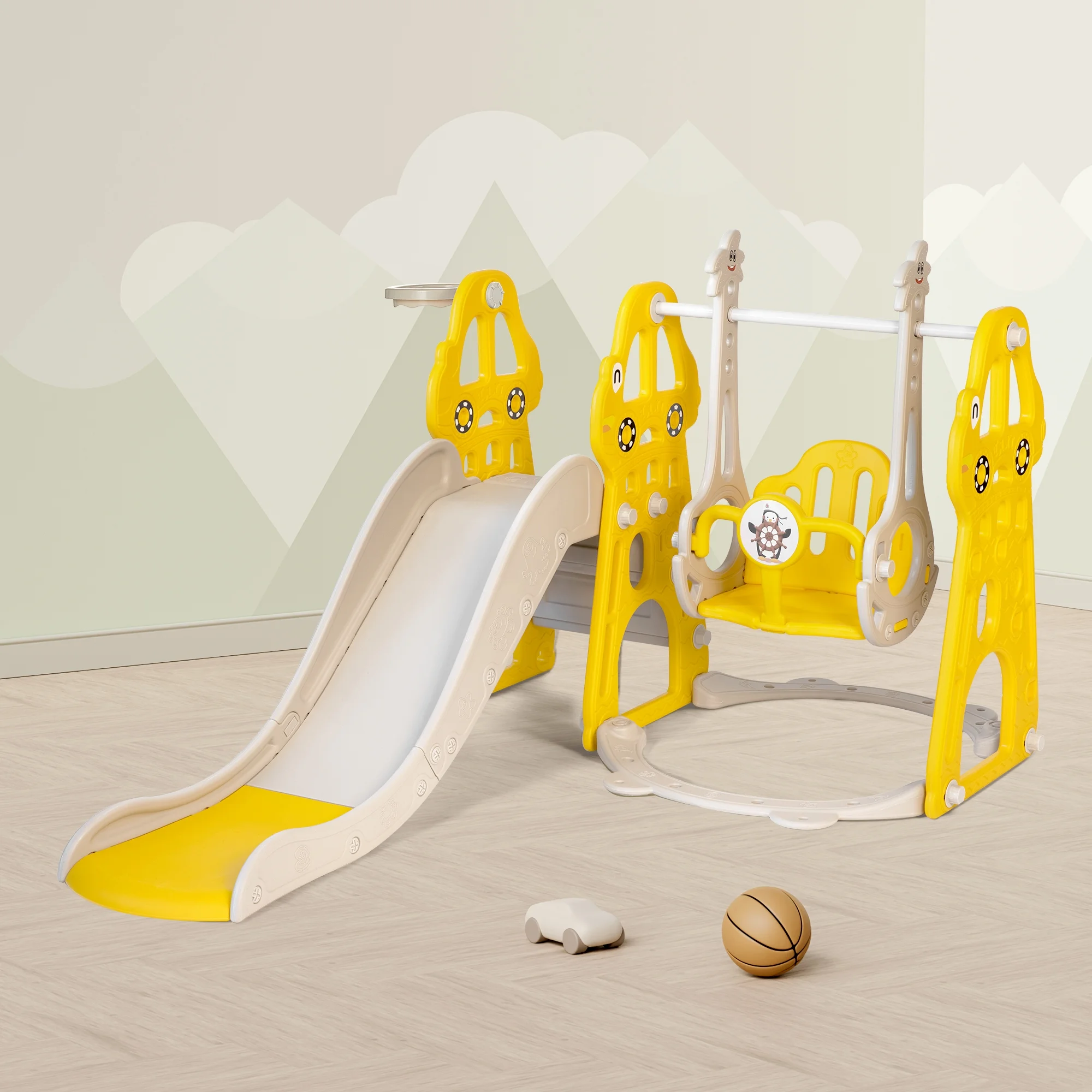 DUKE BABY 4-in-1 Kids Swing and Slide Set for Toddler Age 1-6, Extra Large Baby Indoor Outdoor Activity Playground with Basketball Hoop and Climber ?C Yellow