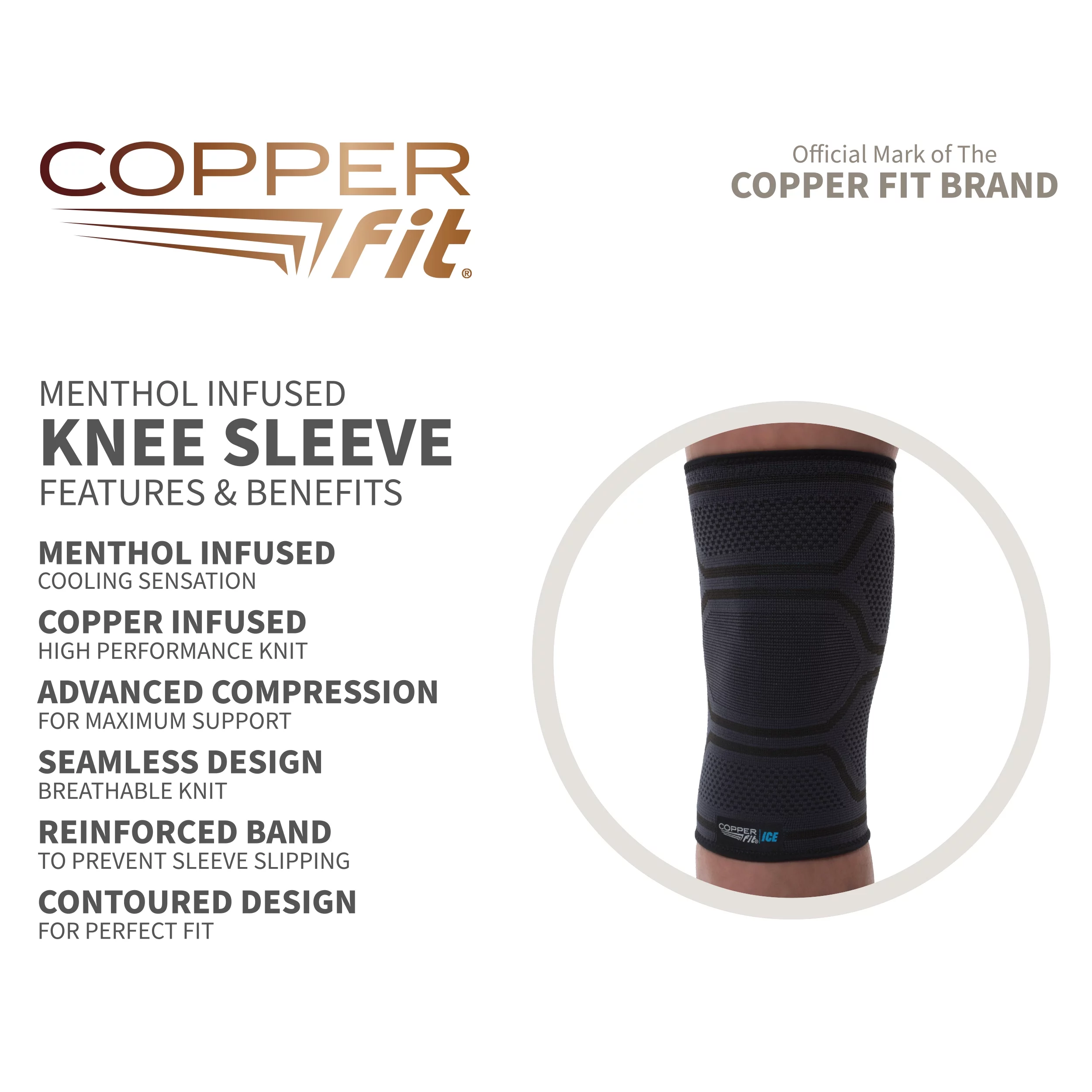 Copper Fit Ice Knee Compression Sleeve Infused with Menthol, Large/XL, Black, 1-Pack