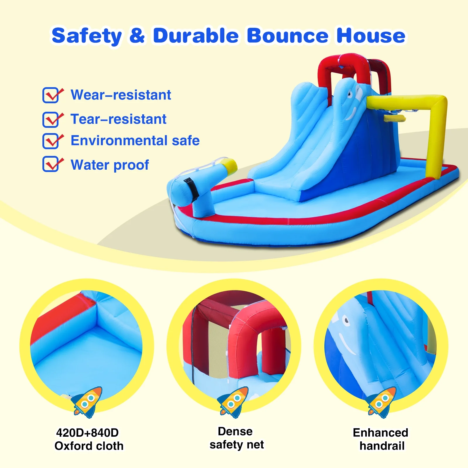 JOYLDIAS Kids Inflatable Water Slide Bouncer Playhouse Castle with 3 Water Guns, Splash Pool, Climbing Wall, Basketball Hoop, Bag, Air Blower