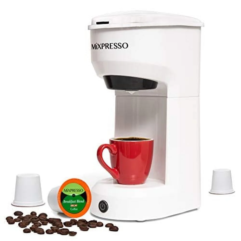 Mixpresso 2 in 1 Single Serve Coffee Machine Mini Coffee Maker Compact K Cup Compatible, White 14 Oz