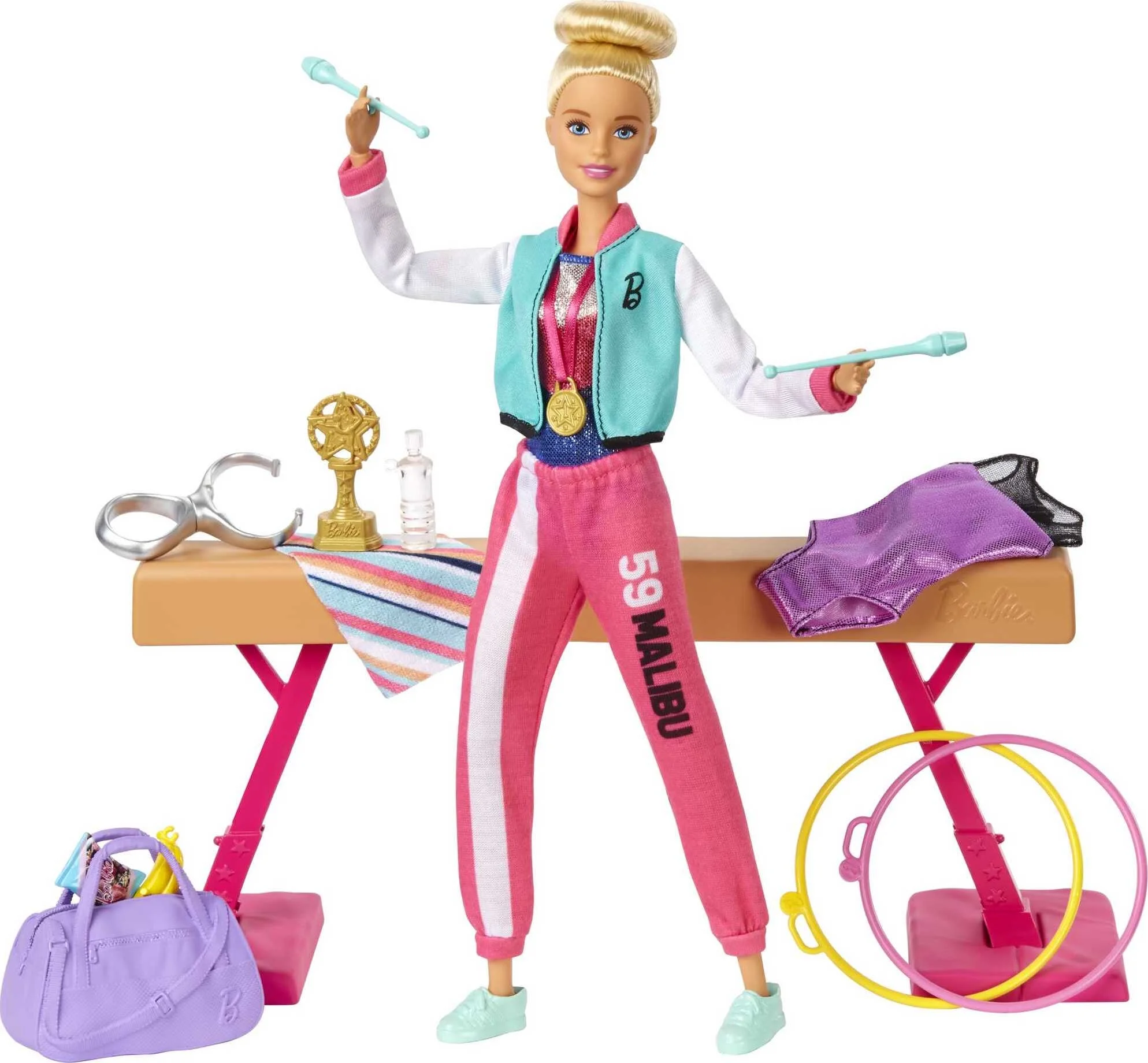 Barbie Gymnastics Playset with Blonde Doll and 15+ Accessories, Twirling Gymnast Toy with Balance Beam