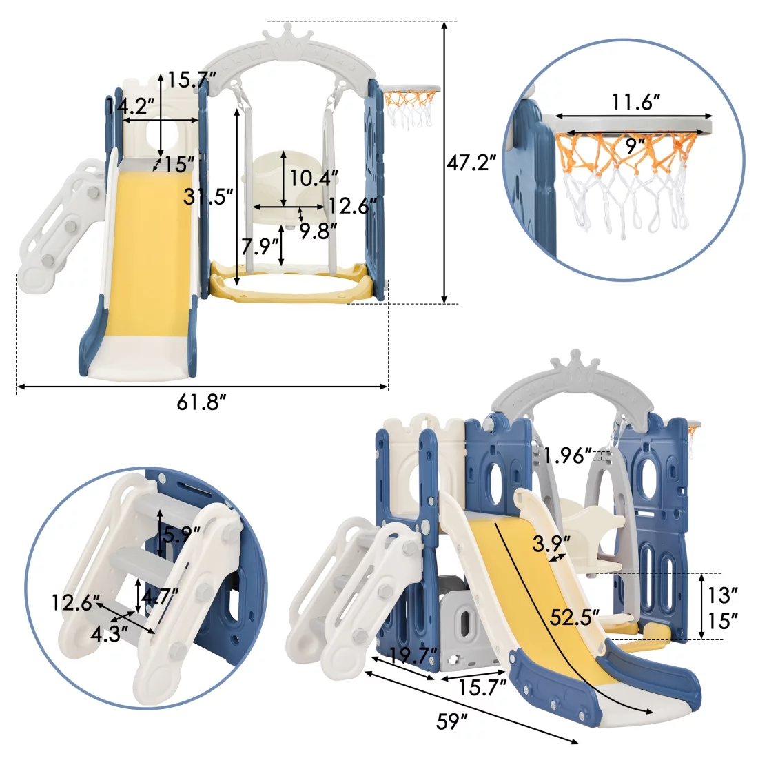 5-in-1 Toddler Slide and Swing Set, Indoor Outdoor Slide Climber Bus Playset with Basketball Hoop Freestanding Combination, Kids Playground Climber Slide Playset, Outdoor Playground Slide, Gray