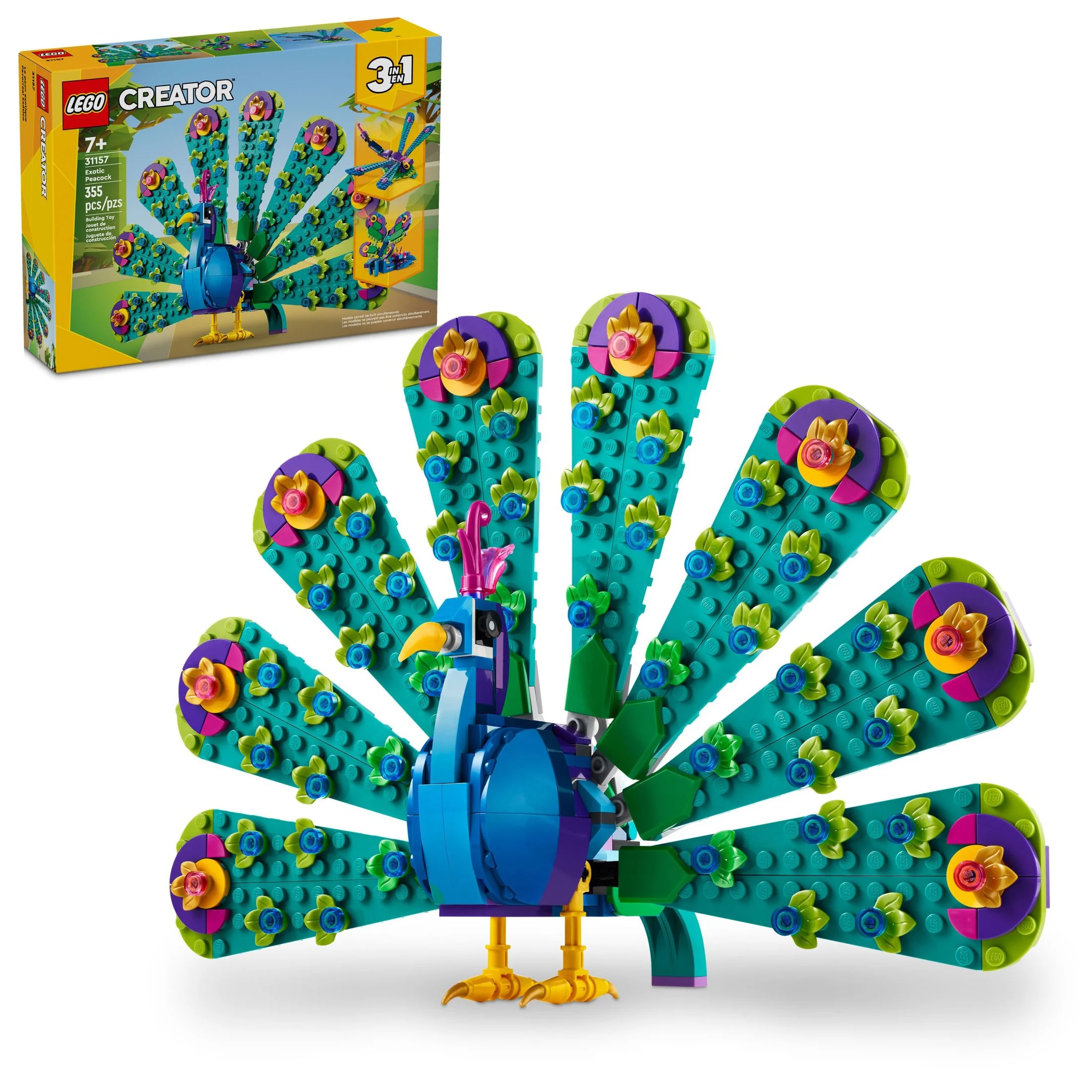 LEGO Creator 3 in 1 Exotic Peacock Toy, Transforms from Peacock to Dragonfly to Butterfly Toy, Play-and-Display Gift Idea for Boys and Girls Ages 7 Years Old and Up, Bird Toy, 31157