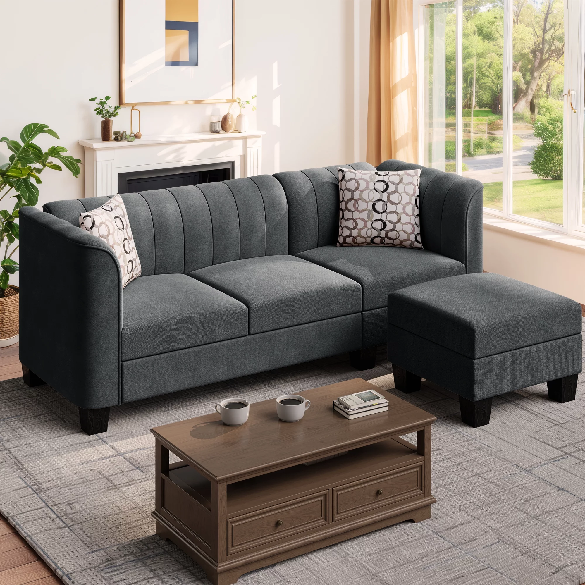 Walsunny Convertible Sectional Sofa Couch, 3 Seat L Shaped Sofa with High Armrest Linen Fabric Small Couch Mid Century Black