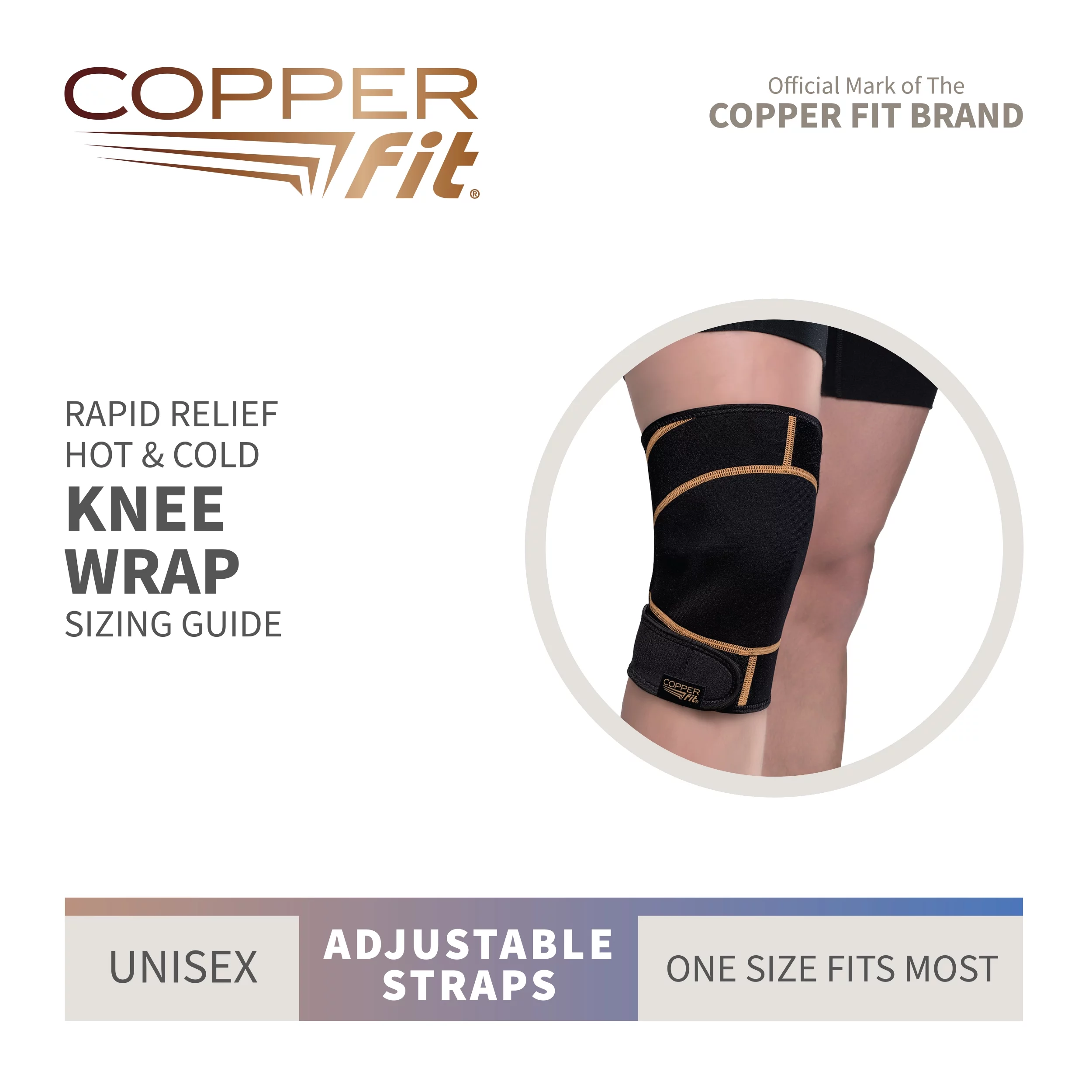 Copper Fit Rapid Relief Knee Compression Wrap Brace with Hot and Cold Therapy, Adjustable, Black