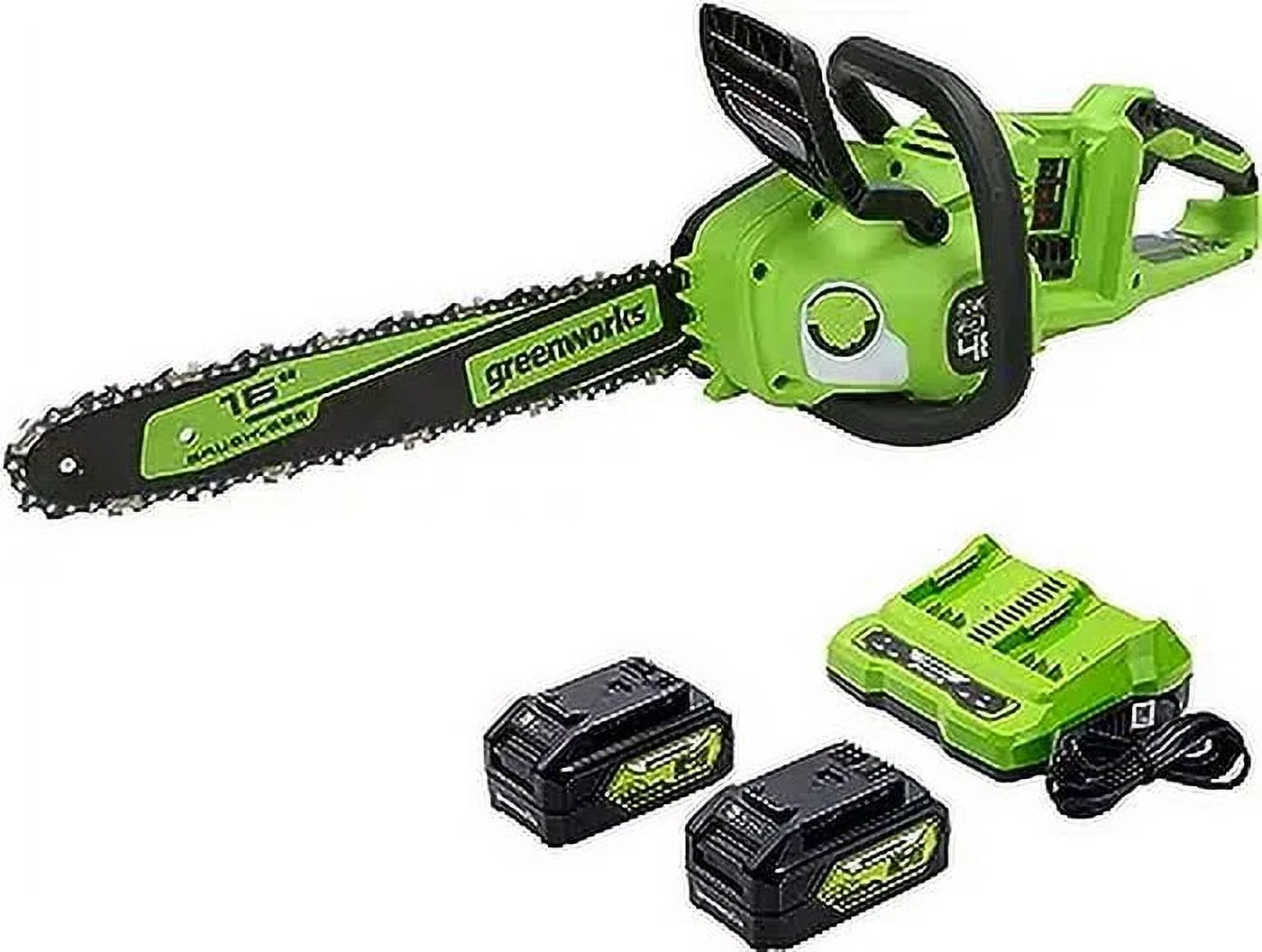 Greenworks 48V (2x24V) 16-inch Brushless Chainsaw with (2) 4Ah USB Batteries and Dual Port Charger, 2018002