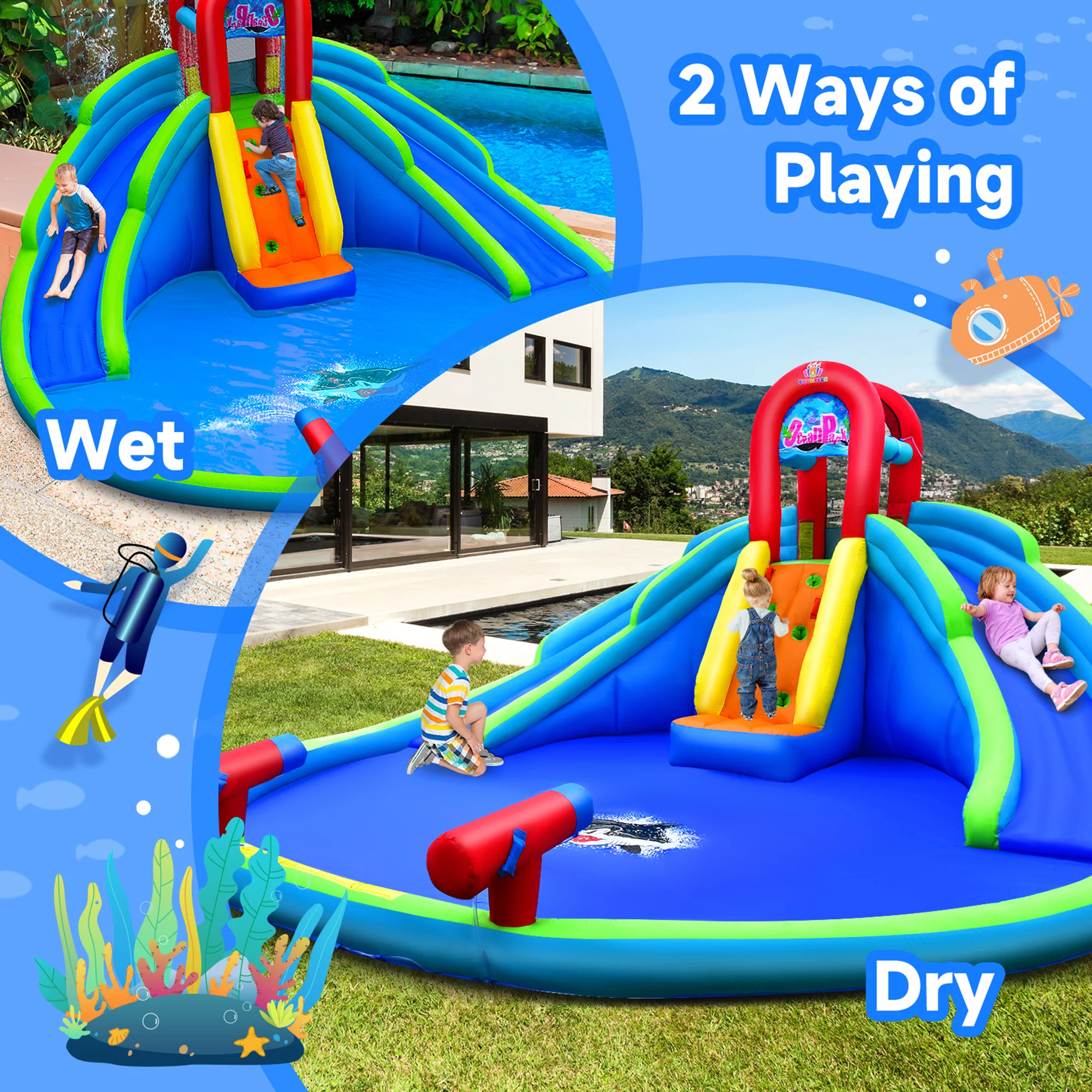 Gymax Inflatable Waterslide Wet & Dry Bounce House w/Upgraded Handrail & 780W Blower