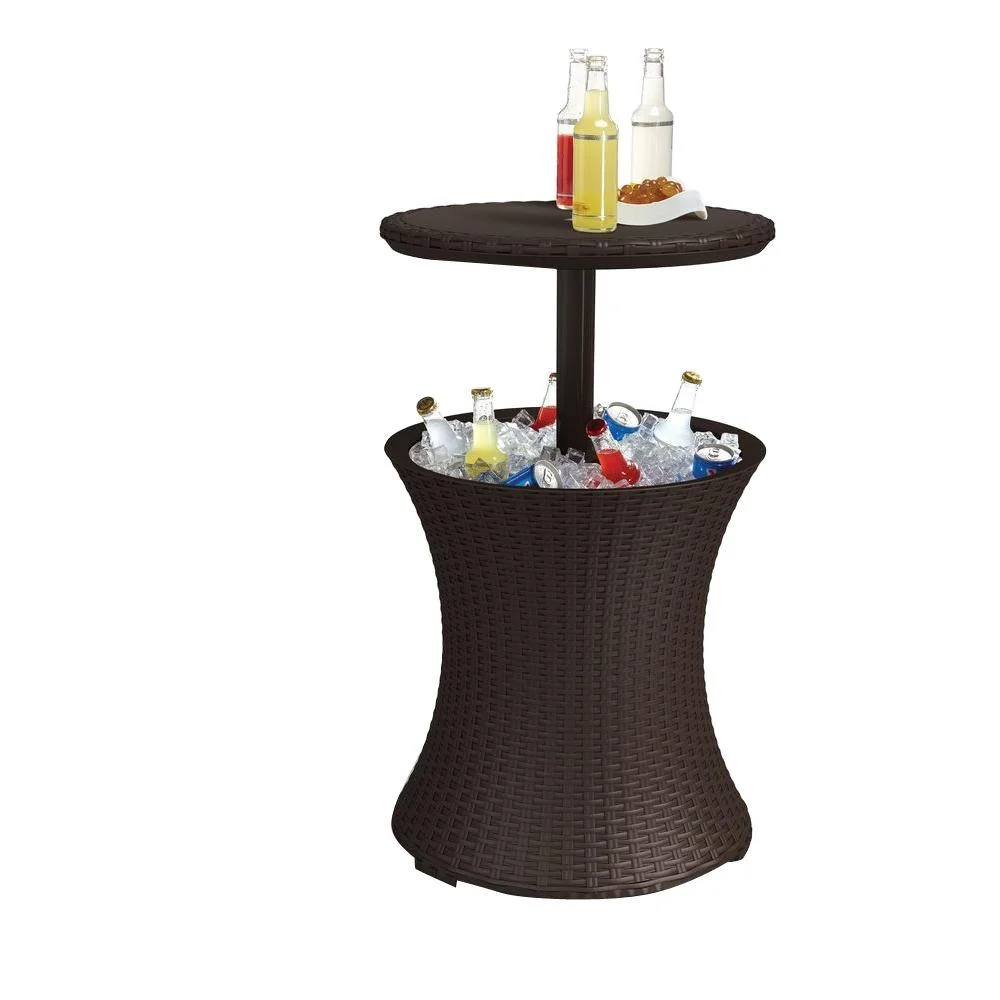 Keter Pacific 7.5 Gallon Cool Bar , Resin Outdoor Patio Beverage Cooler Table, Extra Storage, Rattan Look Brown