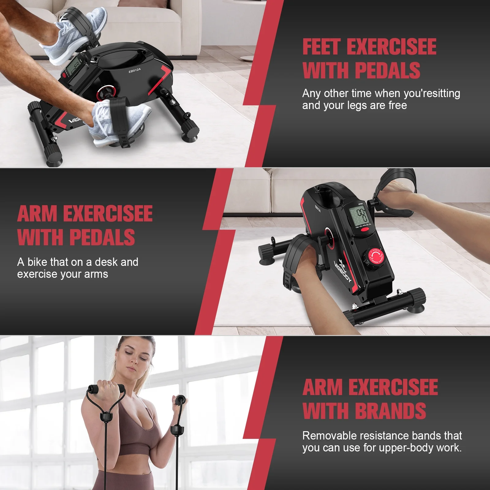 Under Desk Bike Pedal Exerciser Magnetic Mini Exercise Bike with Resistance Bands