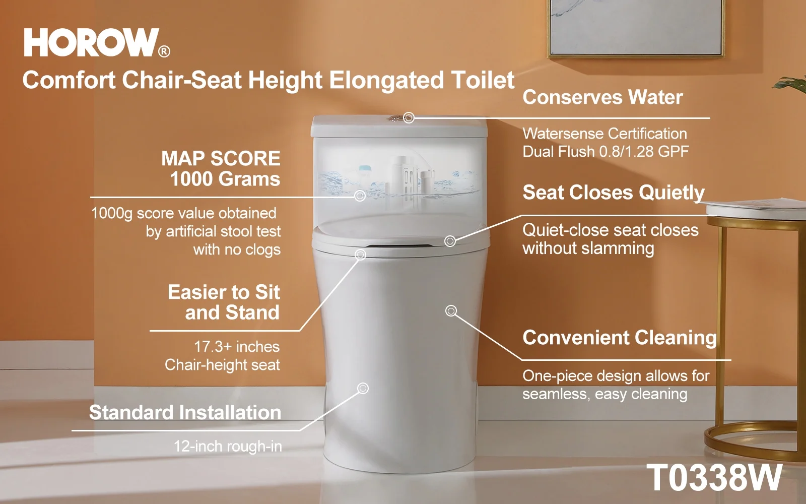 HOROW ADA Elongated Map 1000G Dual Flush One Piece Toilets For Bathrooms Comfort Height