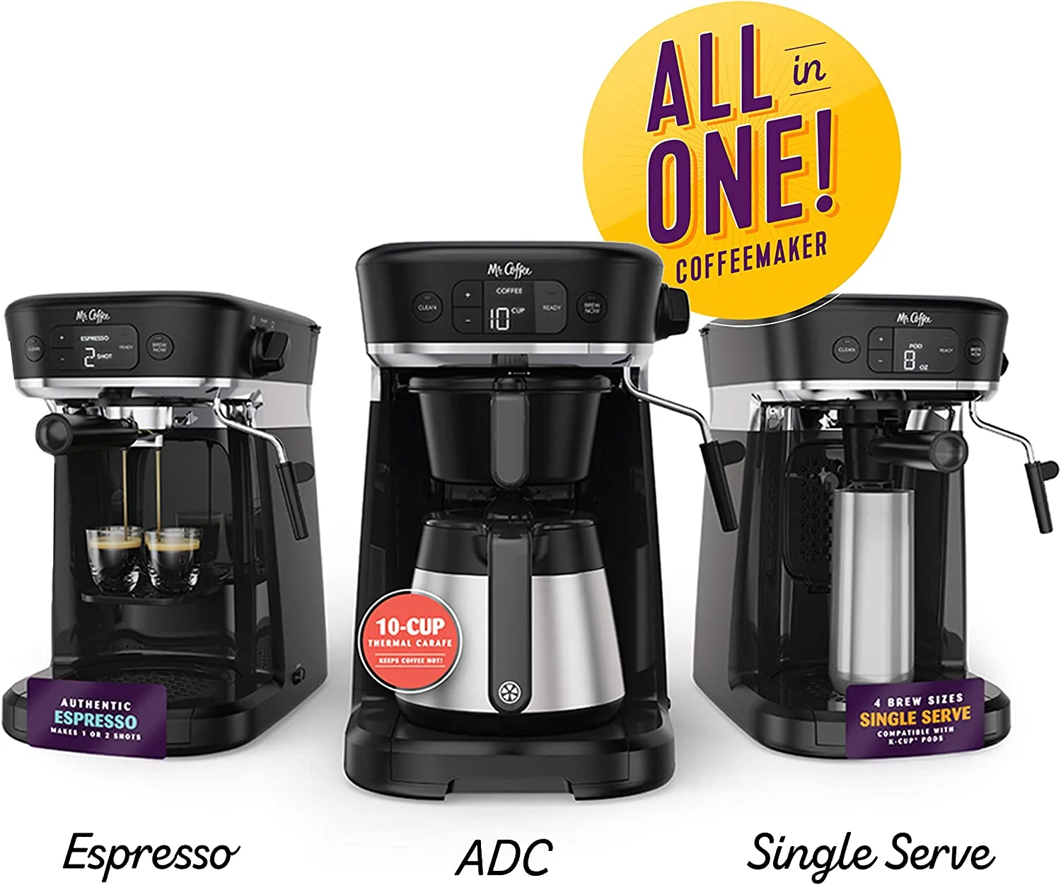 Mr. Coffee All-in-One Occasions Coffee Maker, 10-Cup Thermal Carafe, and Espresso Milk Frother Black