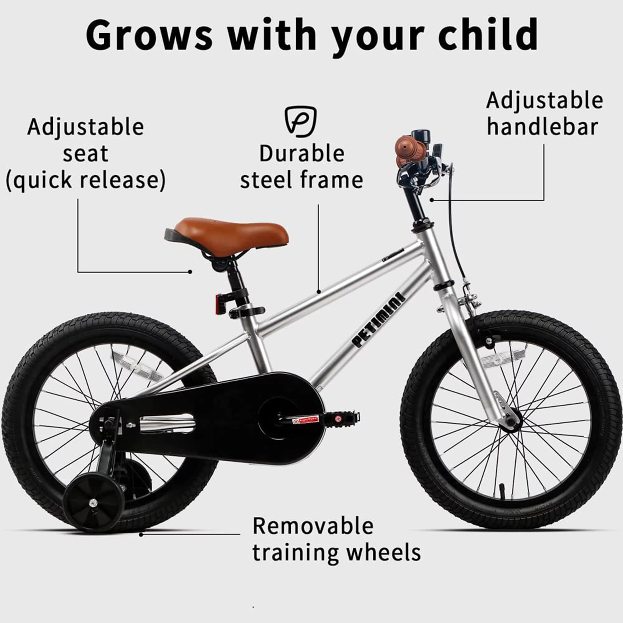 Petimini 16 Inch BMX Kids Bike w/ Training Wheels for 4-7 Years Old, Silver