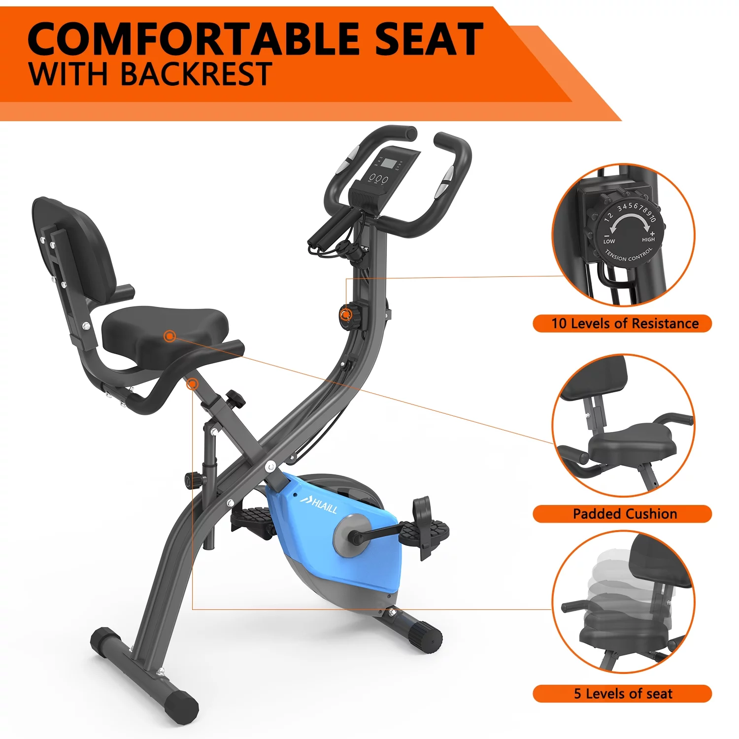 Folding Recumbent Exercise Bike, 3-in-1 Compact Stationary Bicycles Exercise Bike w/ Adjustable Arm Resistance Bands, LCD Monitor, Tablet Holder, High Backrest, Holds 300 lbs