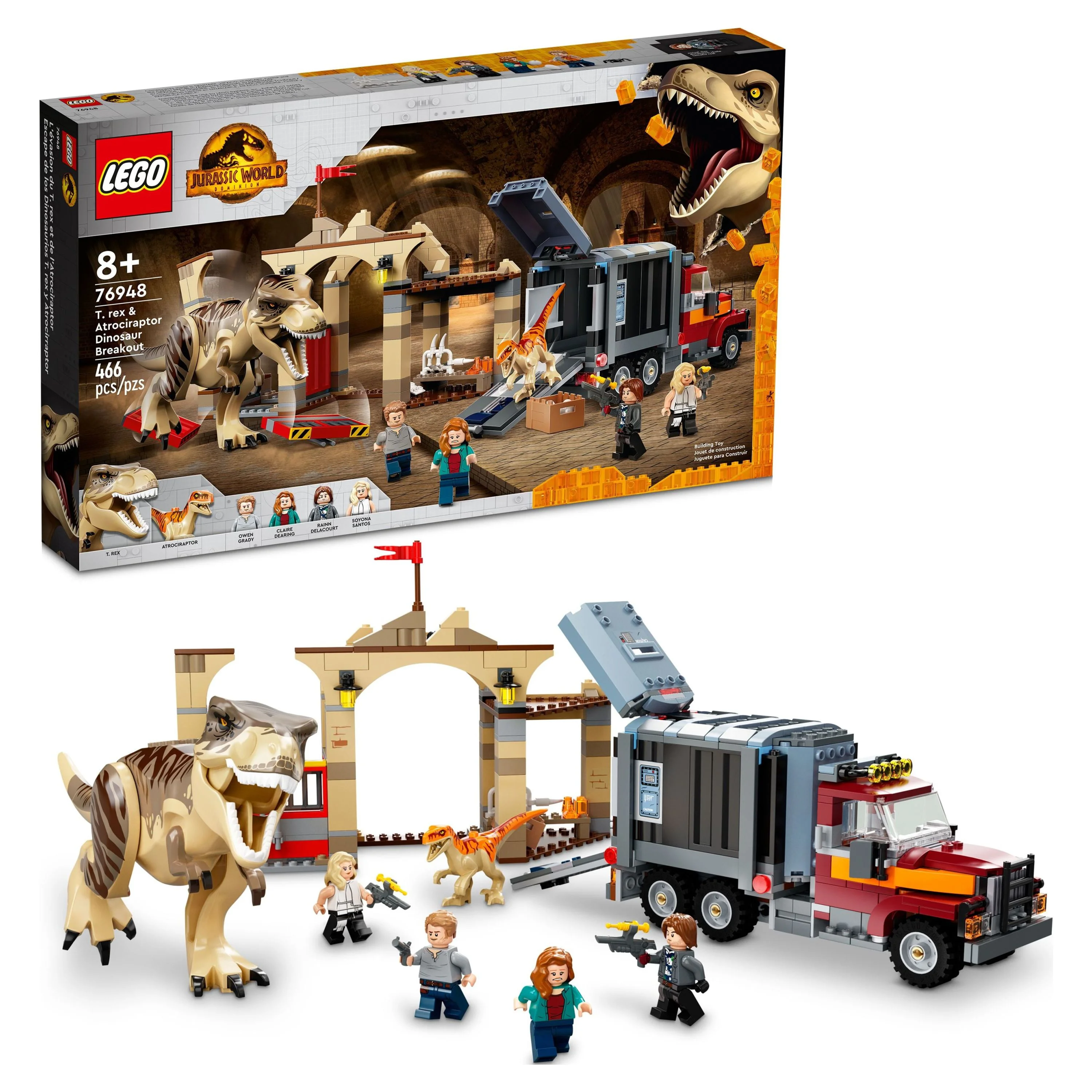 LEGO Jurassic World T. rex & Atrociraptor Dinosaur Breakout 76948 Dinosaur Toys for Kids Ages 8 Plus with 4 Minifigures, Market and Truck, This Jurassic World Dominion Toy is a Great Gift for Fans