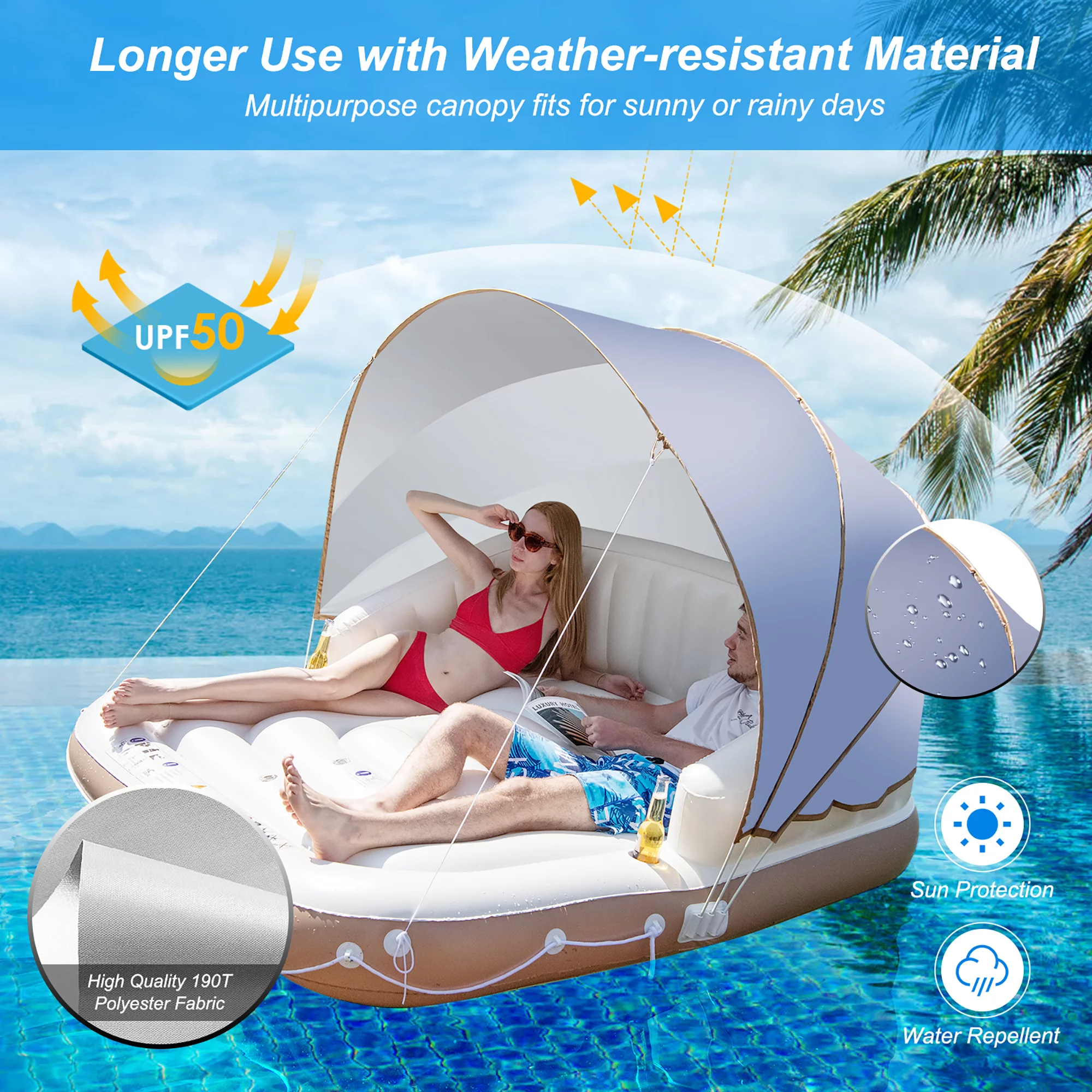 Costway Floating Island Inflatable Swimming Pool Float Lounge Raft with Canopy SPF50+ Retractable Detachable Sunshade with Two Cup Holders White