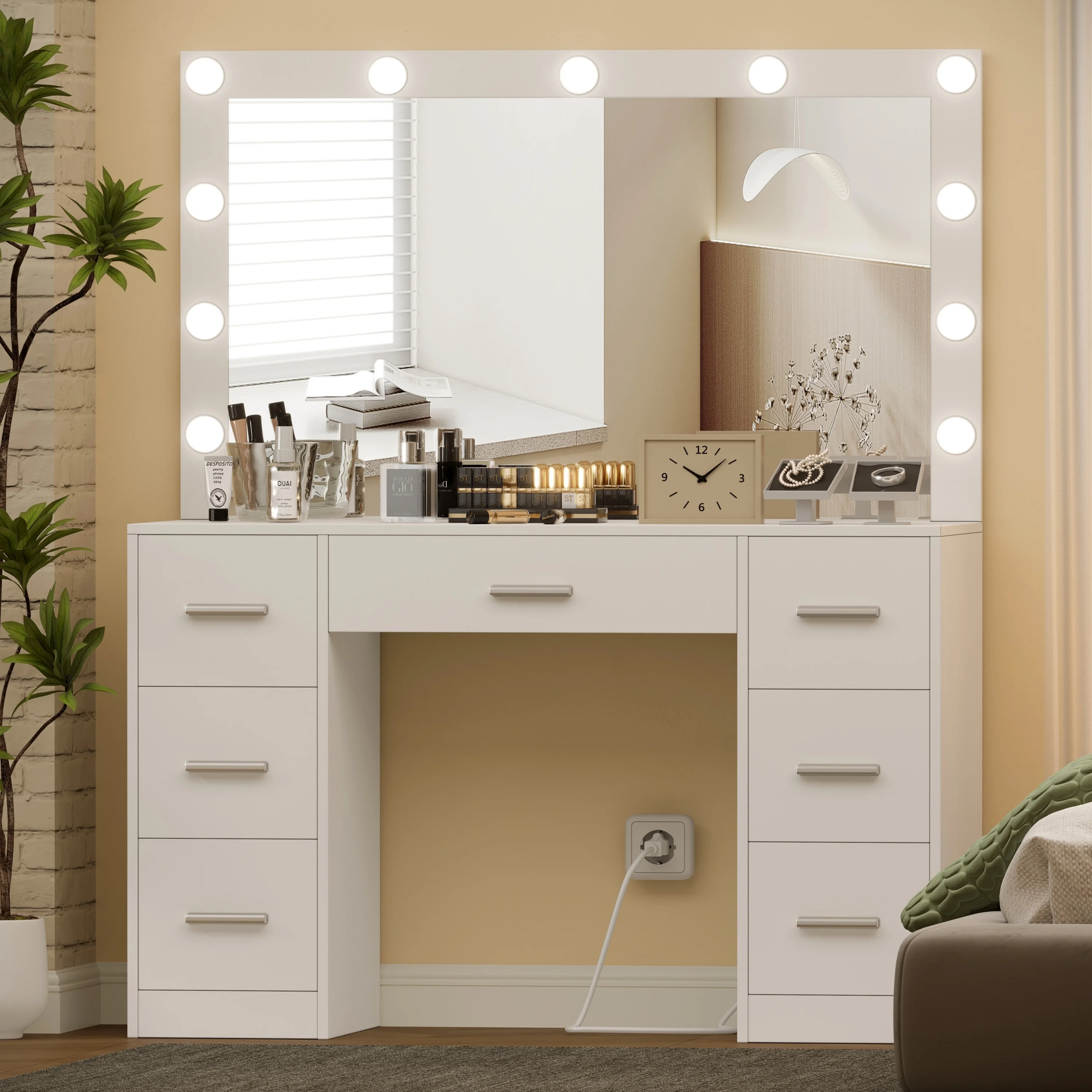 Makeup Vanity Table with Large Mirror and 3-mode Lights, 7-Drawer Dressing Table, Bedroom Makeup Table, White LYVT004W