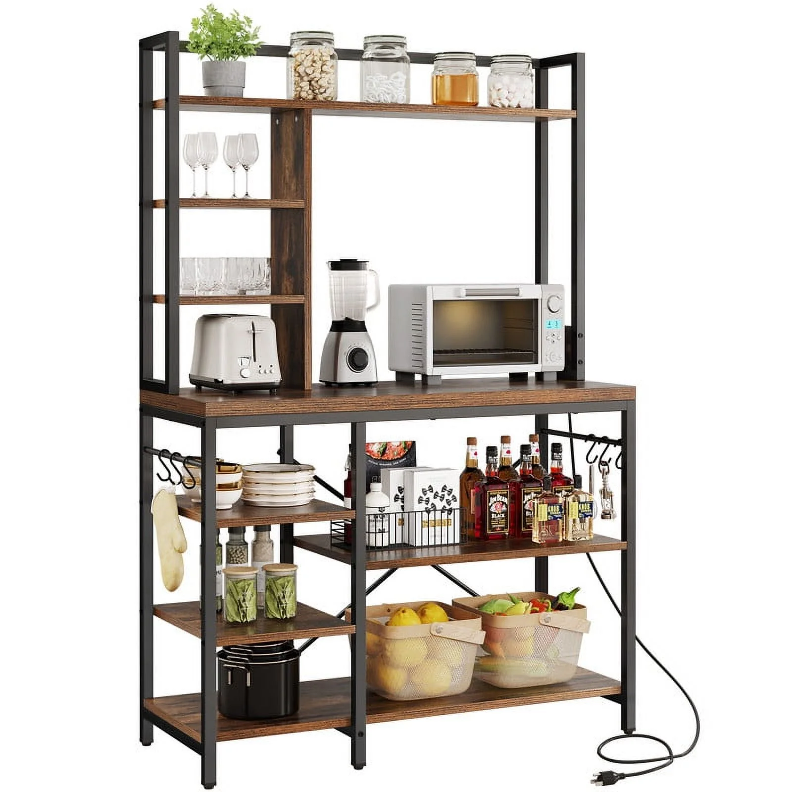 Dextrus 8 Tier Kitchen Bakers Rack with Power Outlets, 39″ Freestanding Microwave Stand with 6 S-Shaped Hooks, Kitchen Storage Shelf Organizer, Rustic Brown