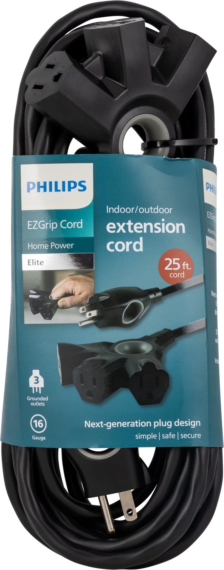 Philips EZGrip 25FT 16 AWG 3-Outlet Extension Cord, Black, Indoor/Outdoor