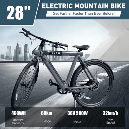 Men 28″ Electric Mountain Bike 500W Motor 36V 460WH Removable Battery City eBike