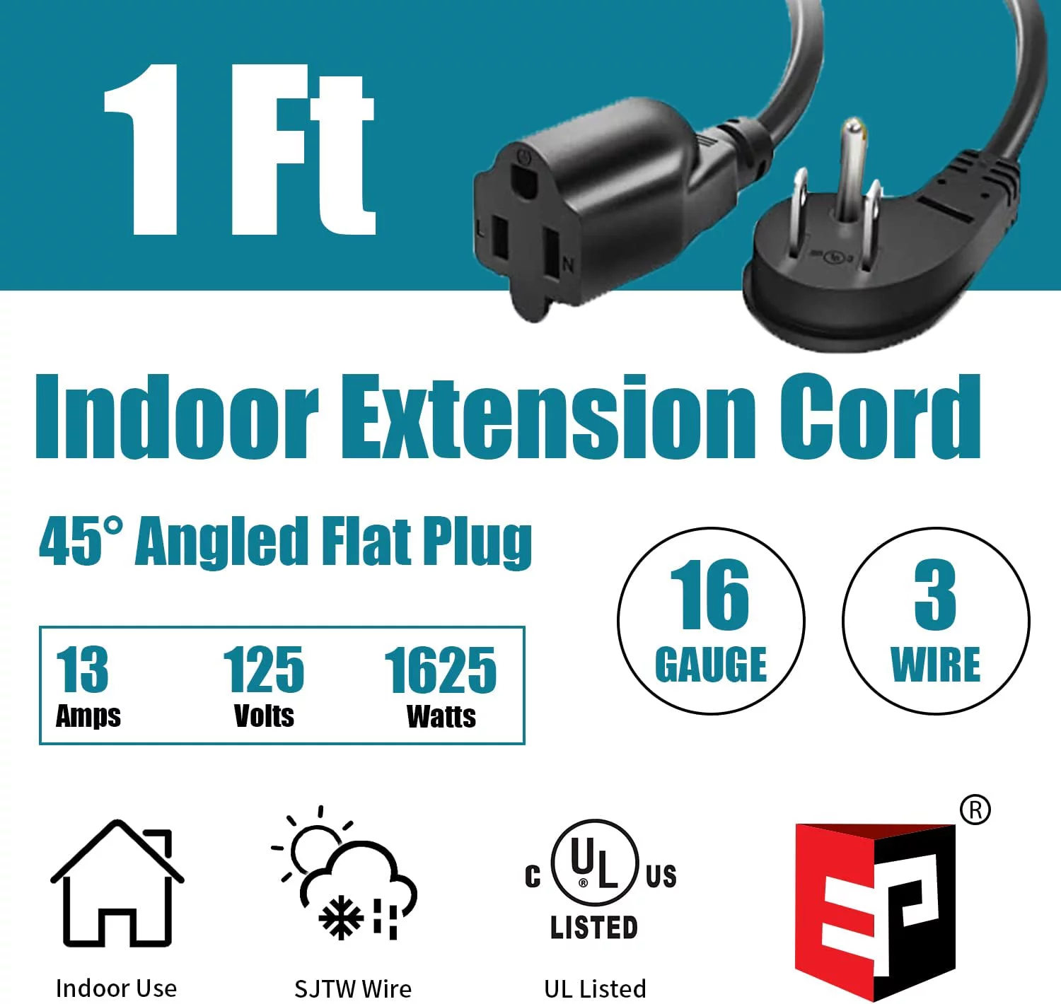 EP 10 Ft 16/3 Flat Plug Indoor Extension Cord, Black Low Profile Extension Cable