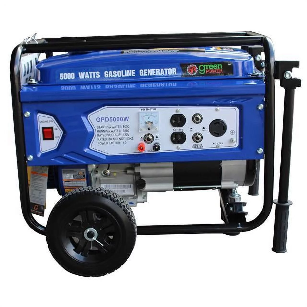 Green-Power America Gasoline Generator Consumer’s Select Series GPD5000W delivers 5000 watts of starting power and 3850 watt of continious power.