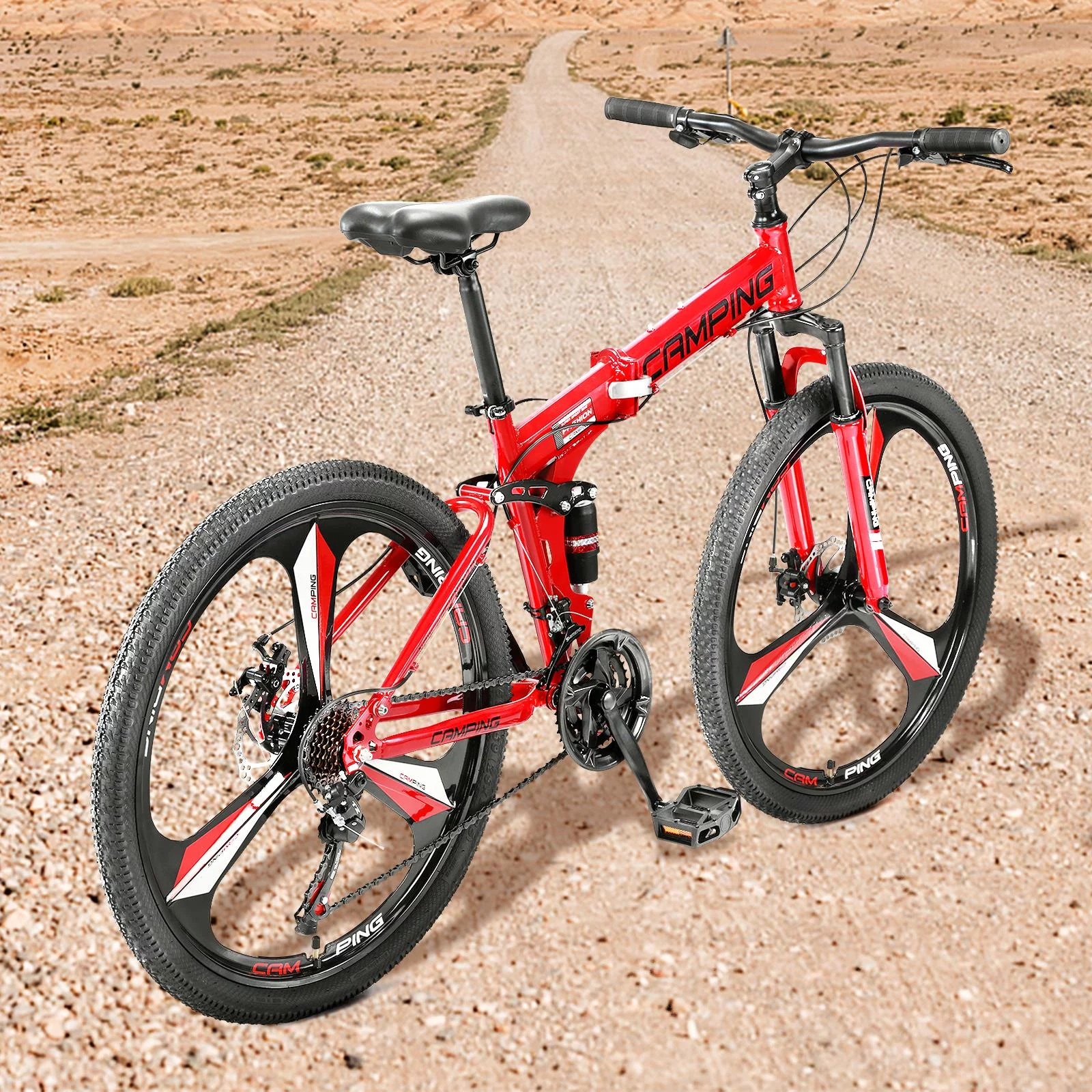 CamPingSurvivals Shimano 21-Speed Steel Mountain Bike, 26″ Foldable MTB for Adult & Teenagers, Red