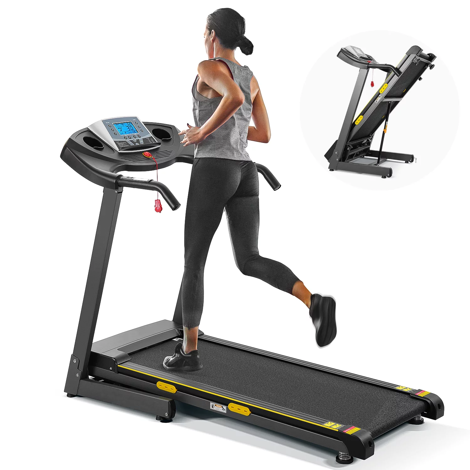 Entil 2.5HP Electric Folding Treadmill with 12-level Incline, 2-5 Degrees Ascension Angle, 15 Preset Training Programs, Heart Rate Sensors, LCD Display, 220lb Weight Capacity