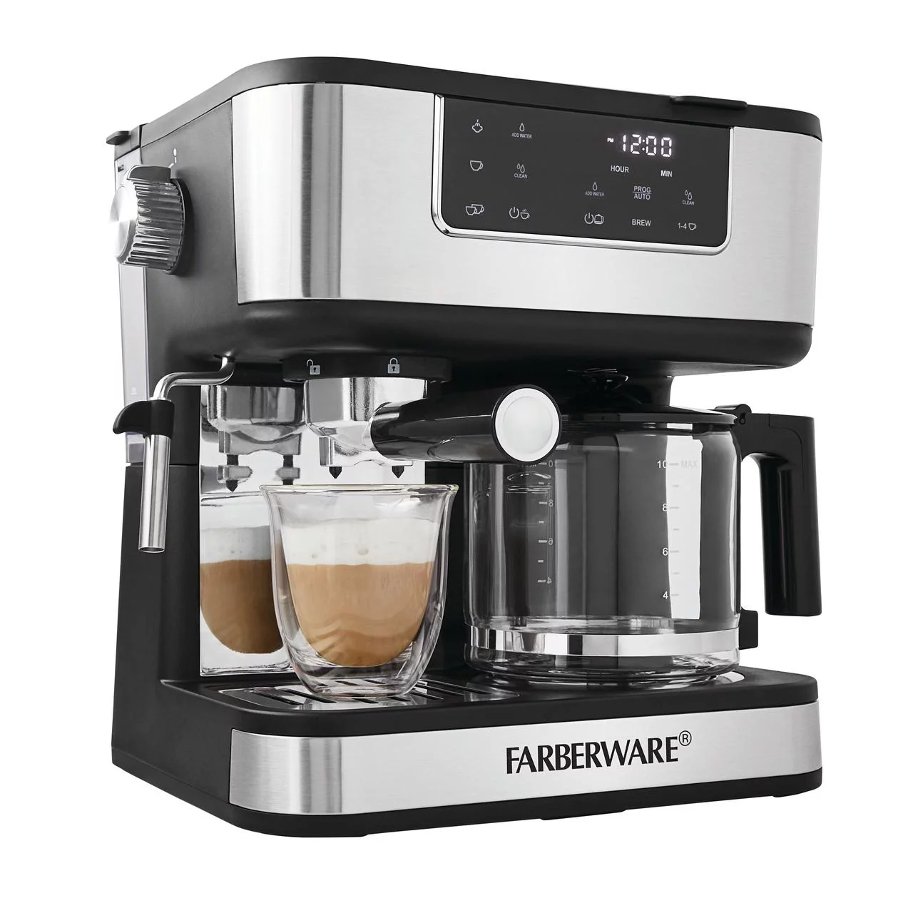 Farberware Dual Brew, 10 Cup Coffee + Espresso, Black and Stainless Finish, Touchscreen Display, New