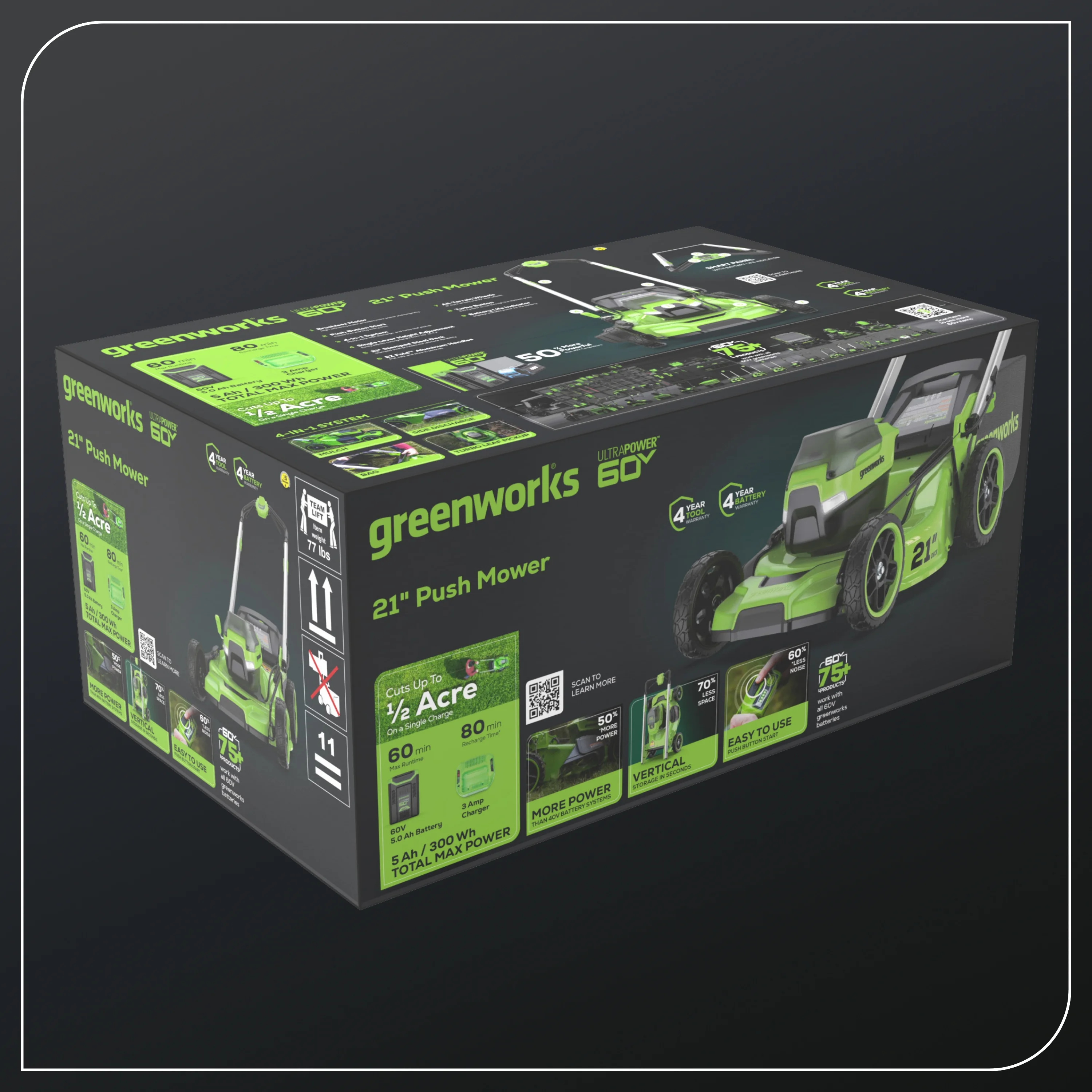 Greenworks 60V 21″ Push Lawn Mower with 5.0 Ah Battery & Charger 2546502