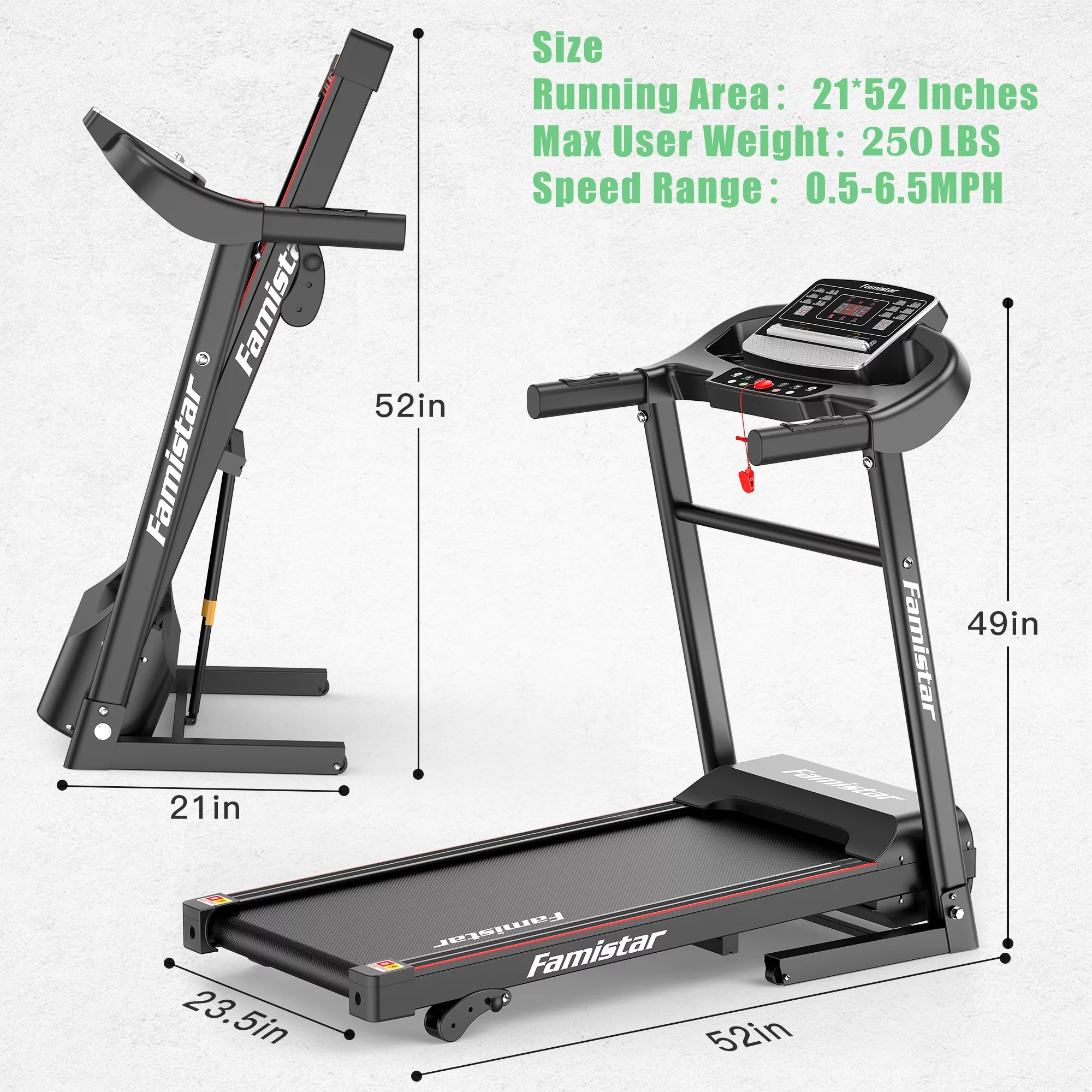 Famistar Portable Folding Treadmill, 2.5HP 250lb Treadmill for Home, Treadmill with Incline, Built-in 12 Programs, MP3 Player, Armrest Buttons Heart Rate Rate